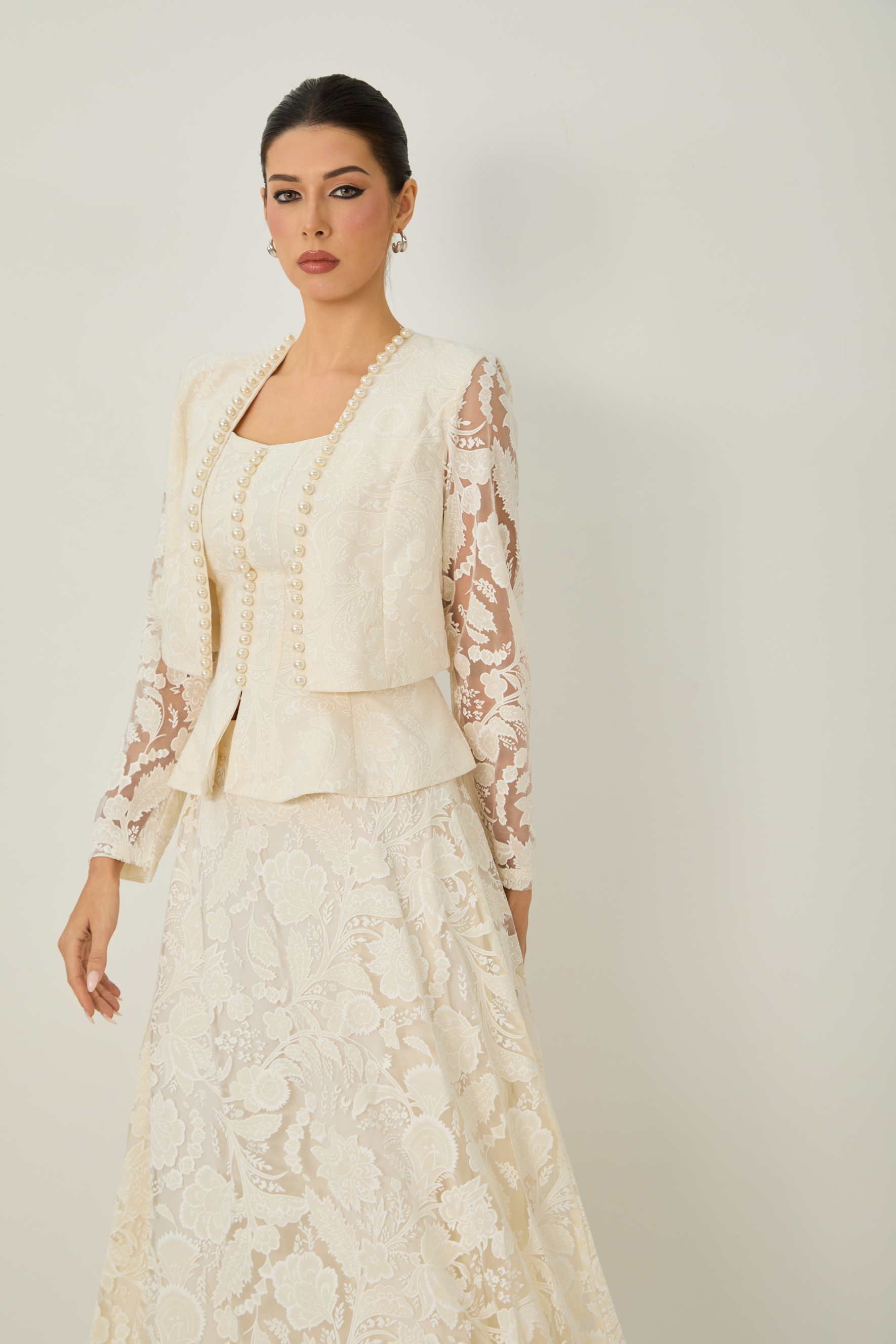Blossoming with Charm Apricot Lace Embroidered Three Piece Set