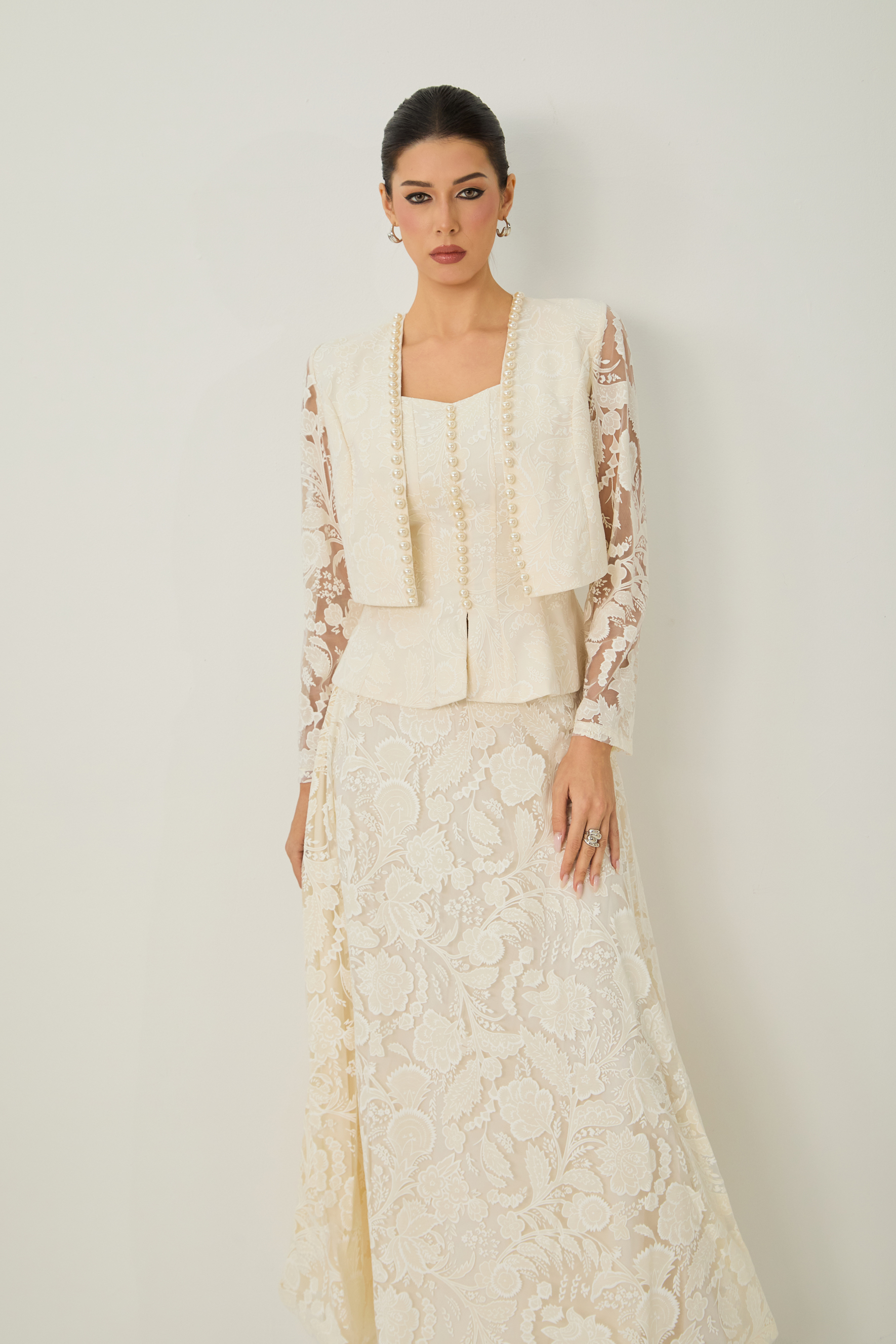 Blossoming with Charm Apricot Lace Embroidered Three Piece Set