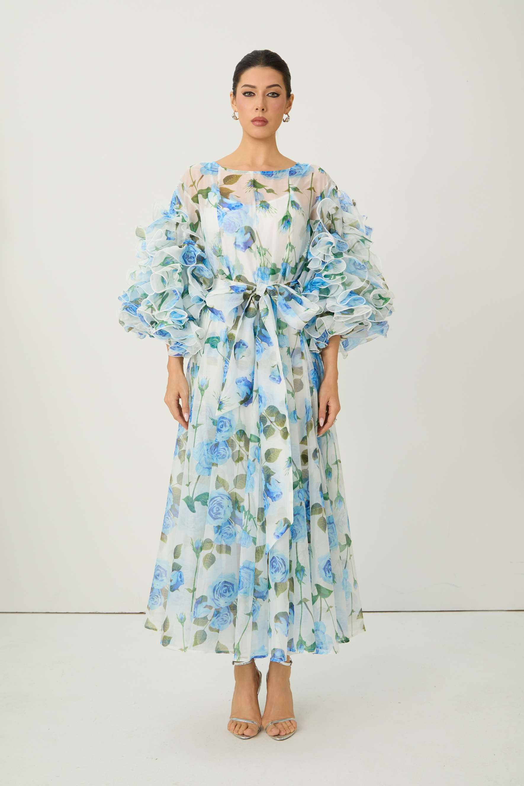 Dreaming in Color Blue Rose Print Ruffled Sleeve Maxi Dress