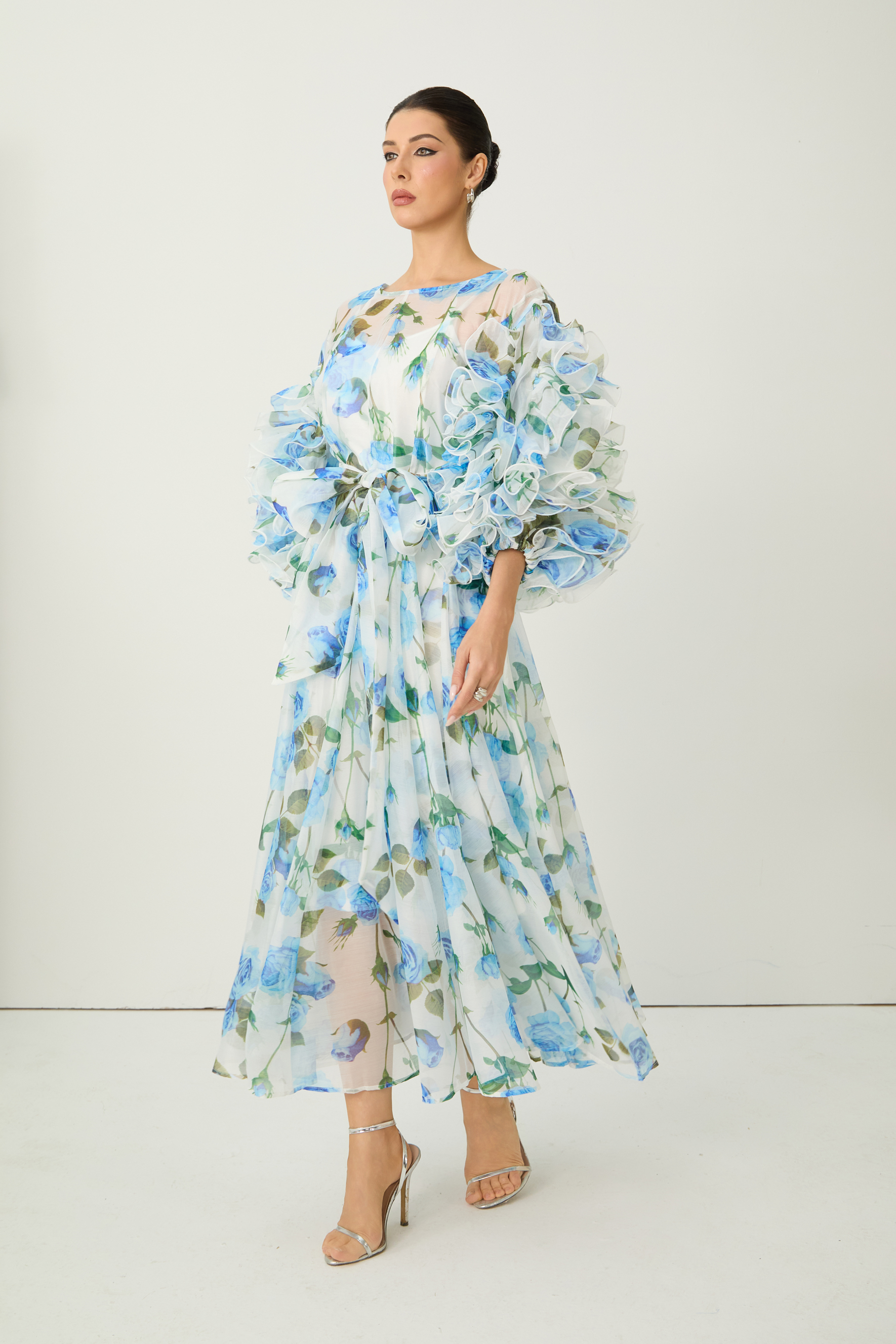 Dreaming in Color Blue Rose Print Ruffled Sleeve Maxi Dress