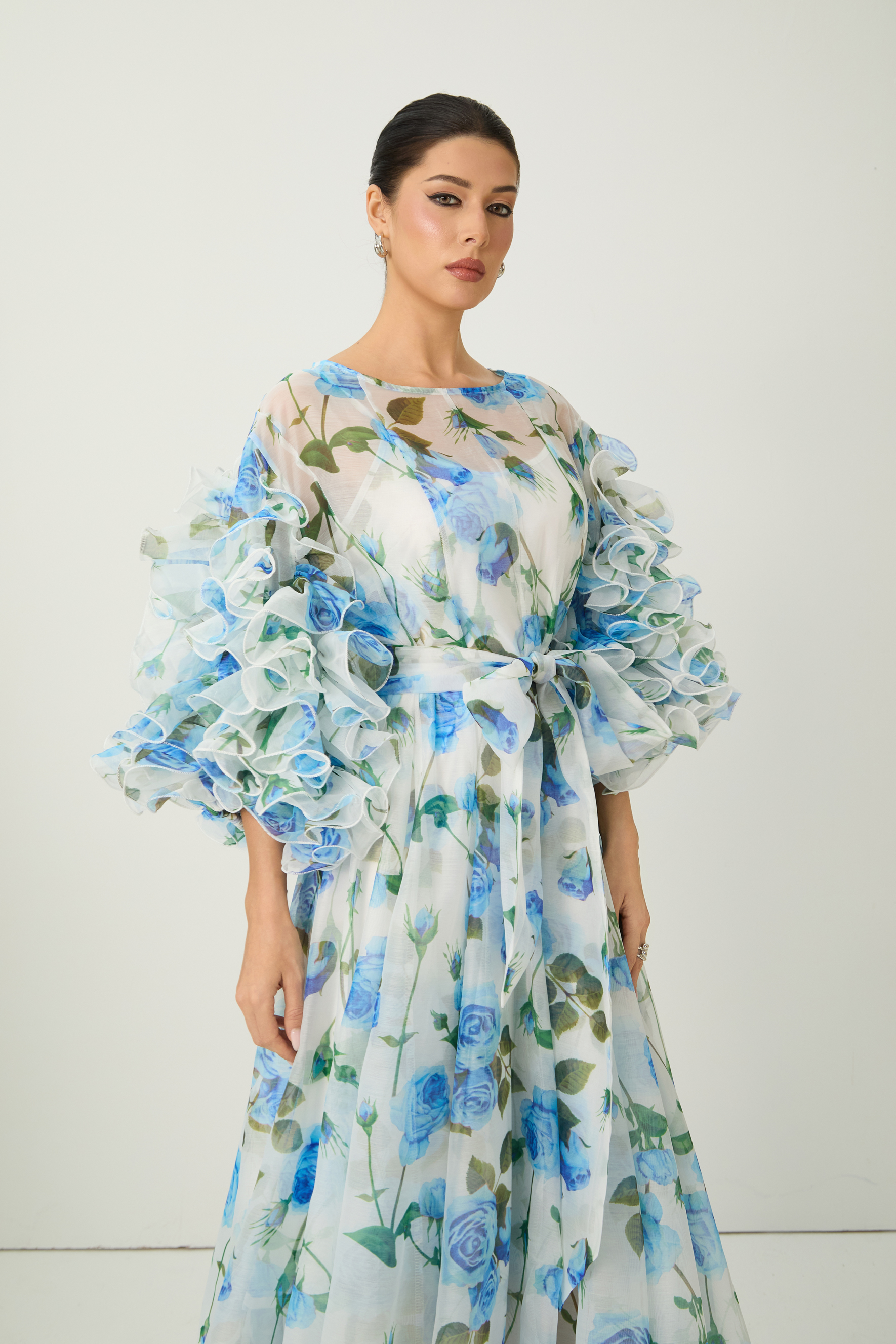 Dreaming in Color Blue Rose Print Ruffled Sleeve Maxi Dress