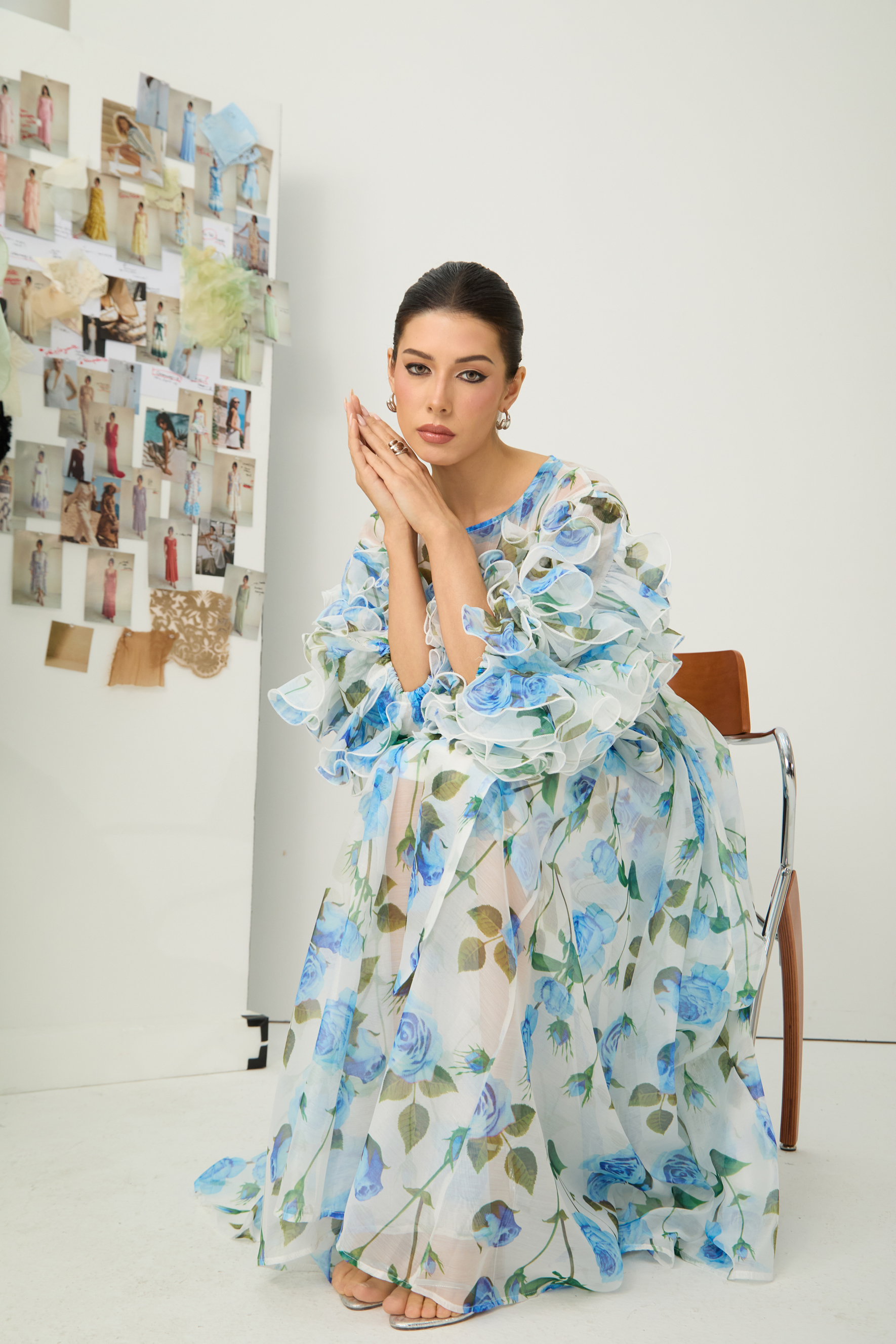 Dreaming in Color Blue Rose Print Ruffled Sleeve Maxi Dress