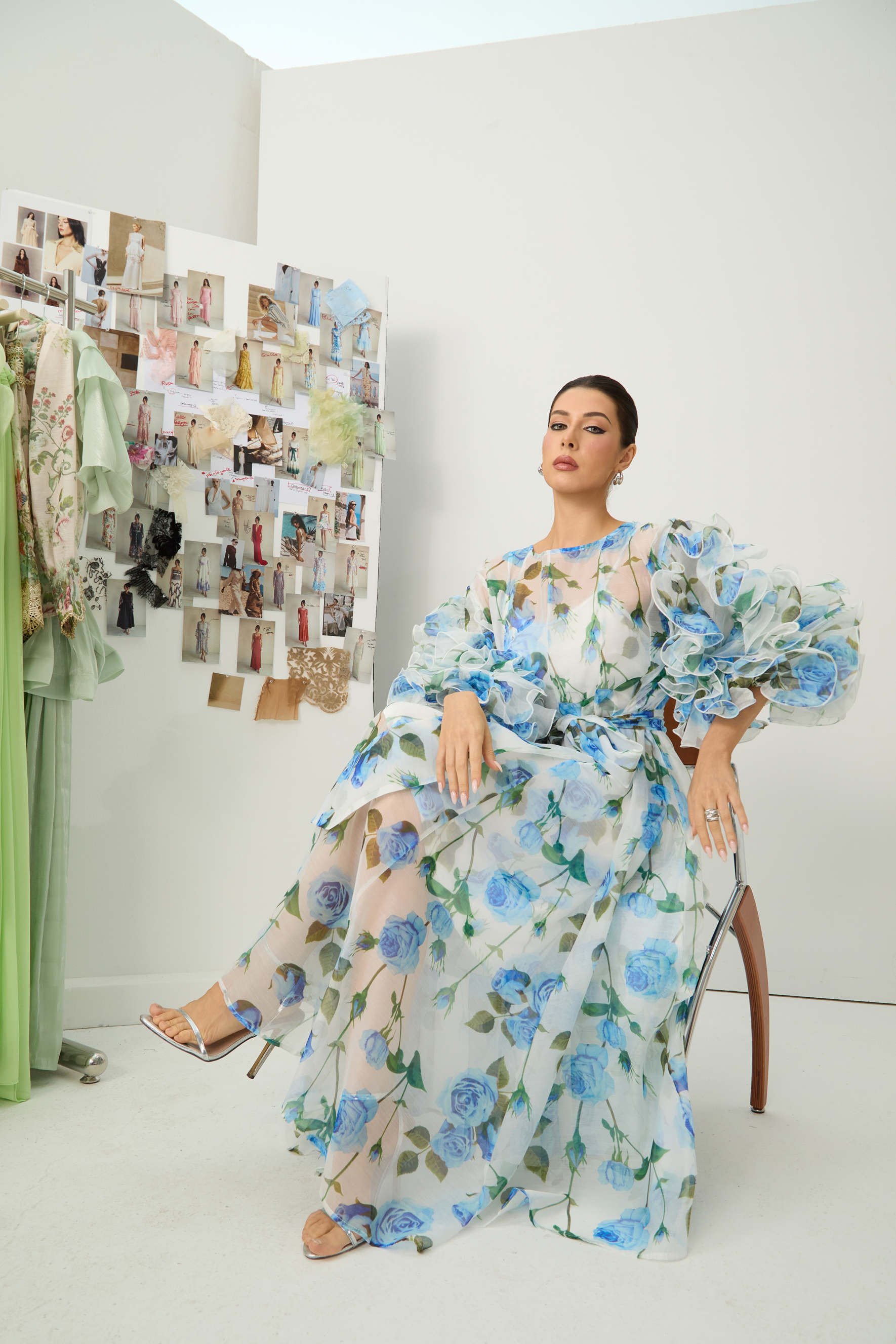 Dreaming in Color Blue Rose Print Ruffled Sleeve Maxi Dress