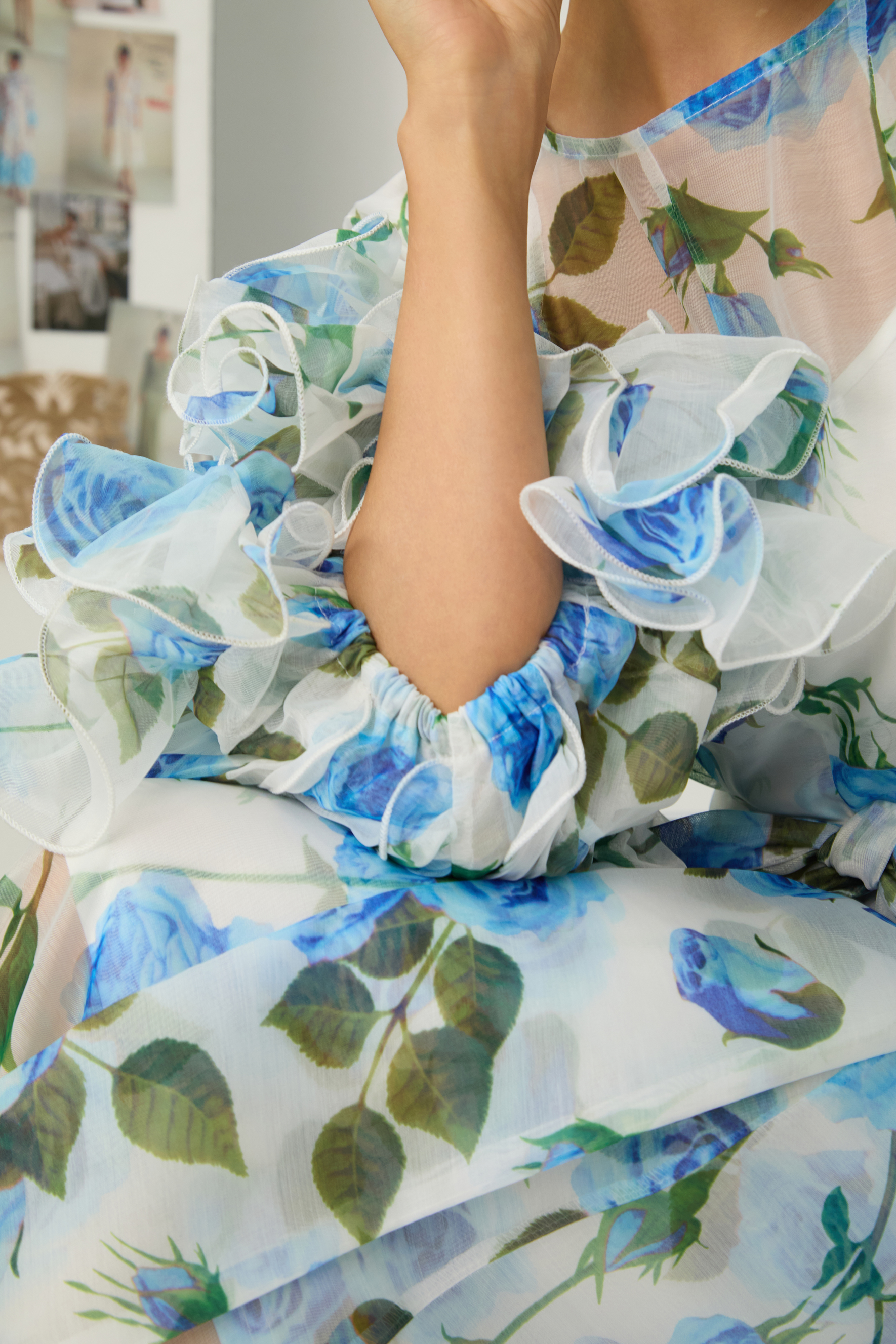 Dreaming in Color Blue Rose Print Ruffled Sleeve Maxi Dress