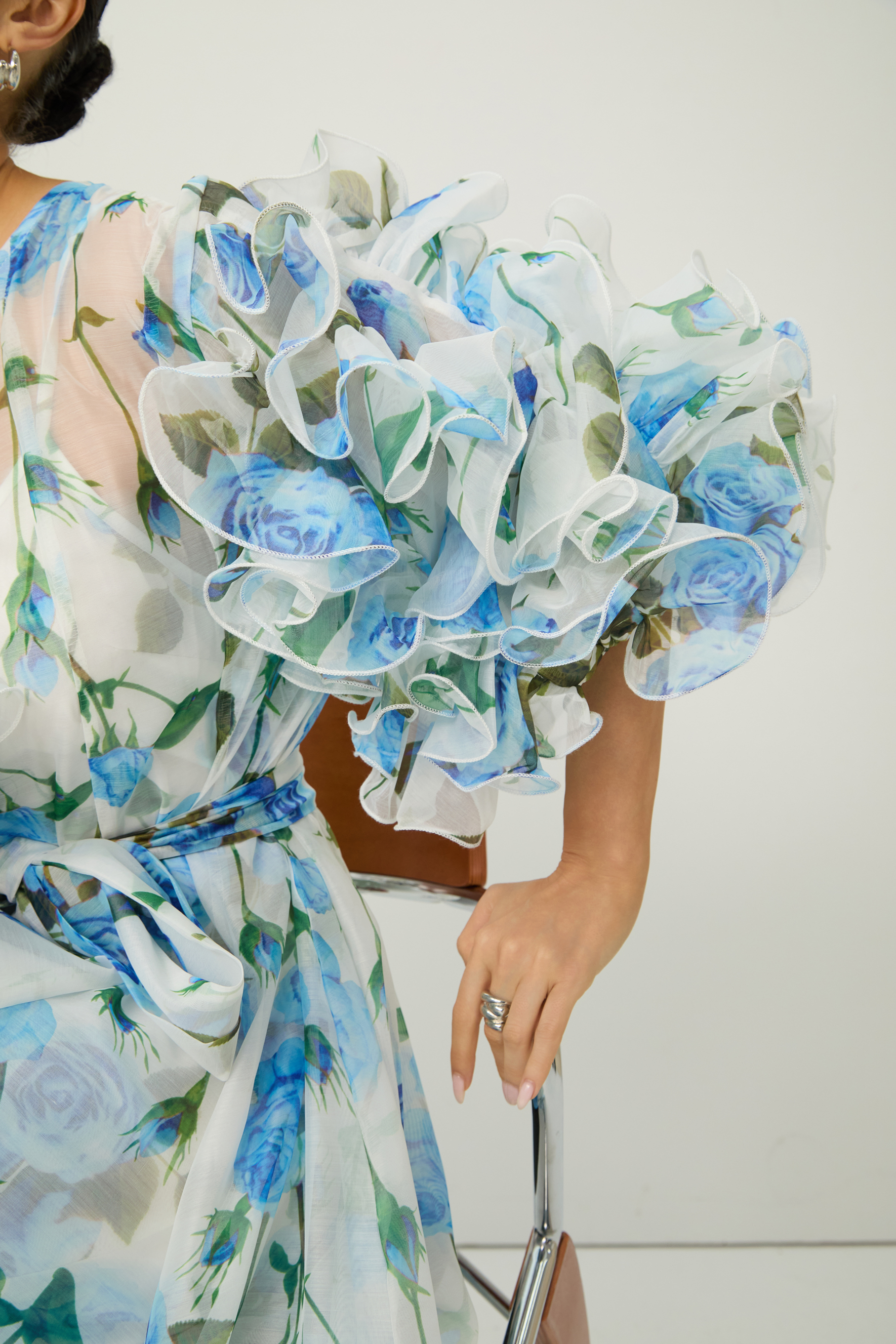 Dreaming in Color Blue Rose Print Ruffled Sleeve Maxi Dress