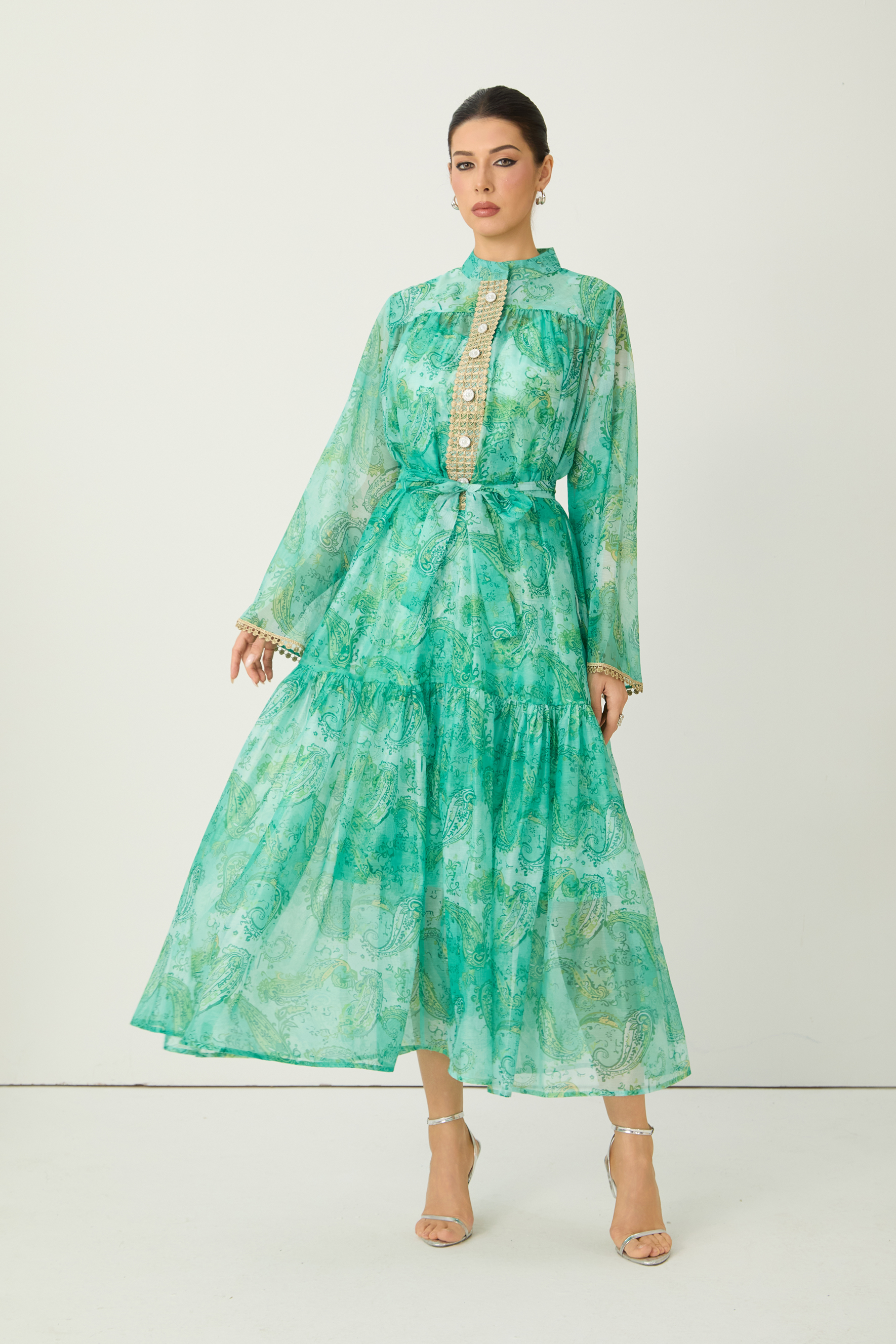 Wait For Me Green Paisley Print Long Sleeve Maxi Dress