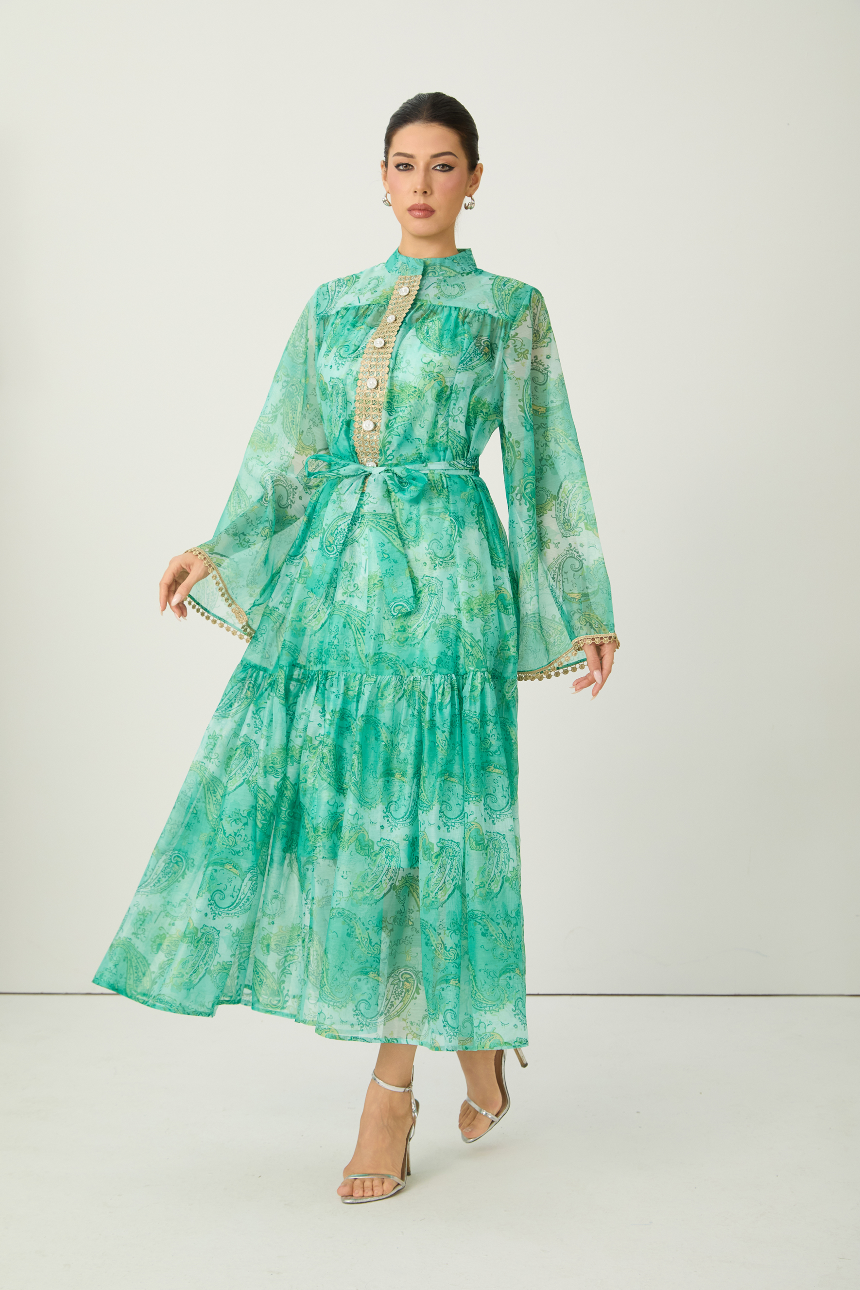 Wait For Me Green Paisley Print Long Sleeve Maxi Dress
