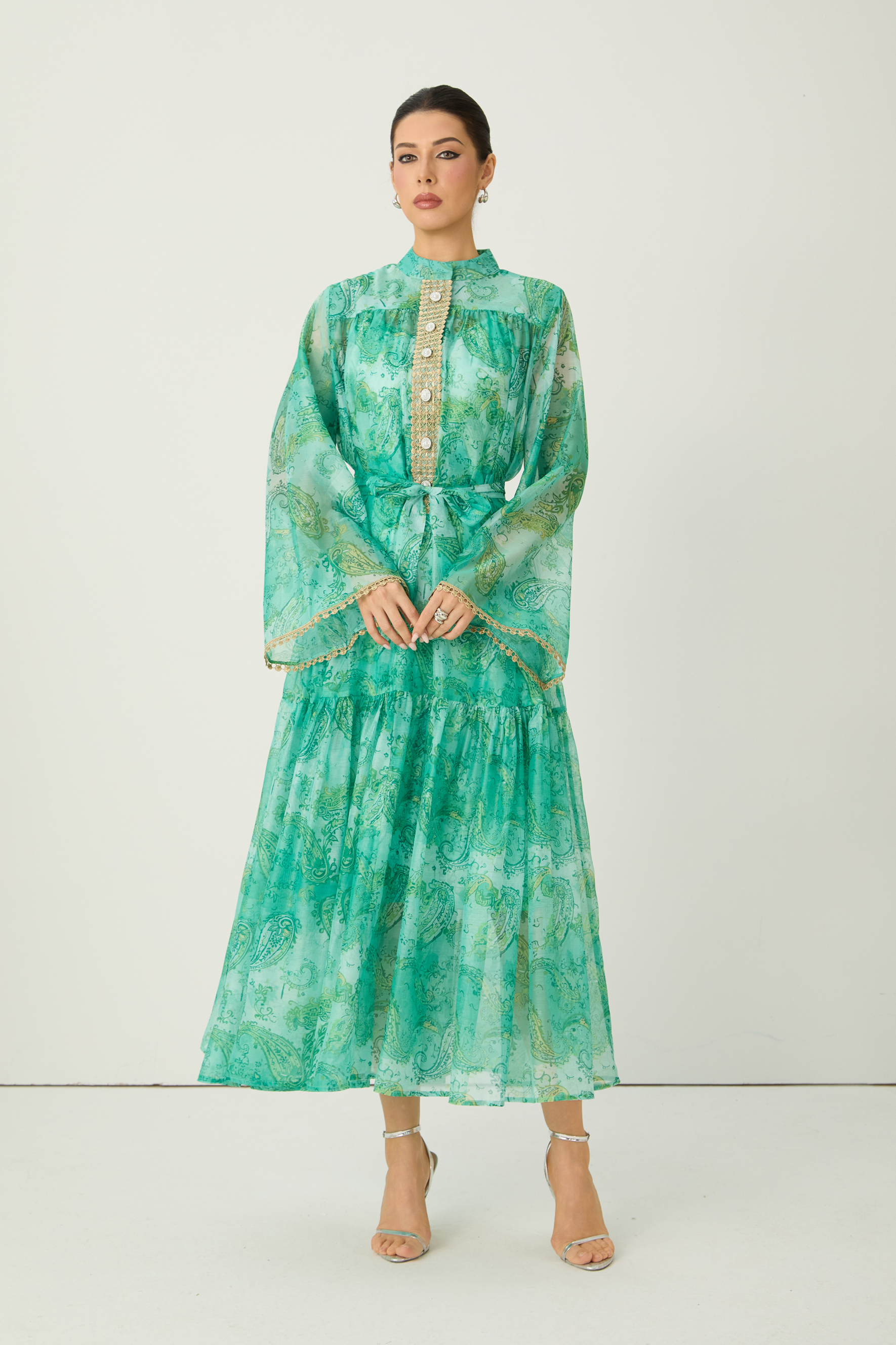 Wait For Me Green Paisley Print Long Sleeve Maxi Dress