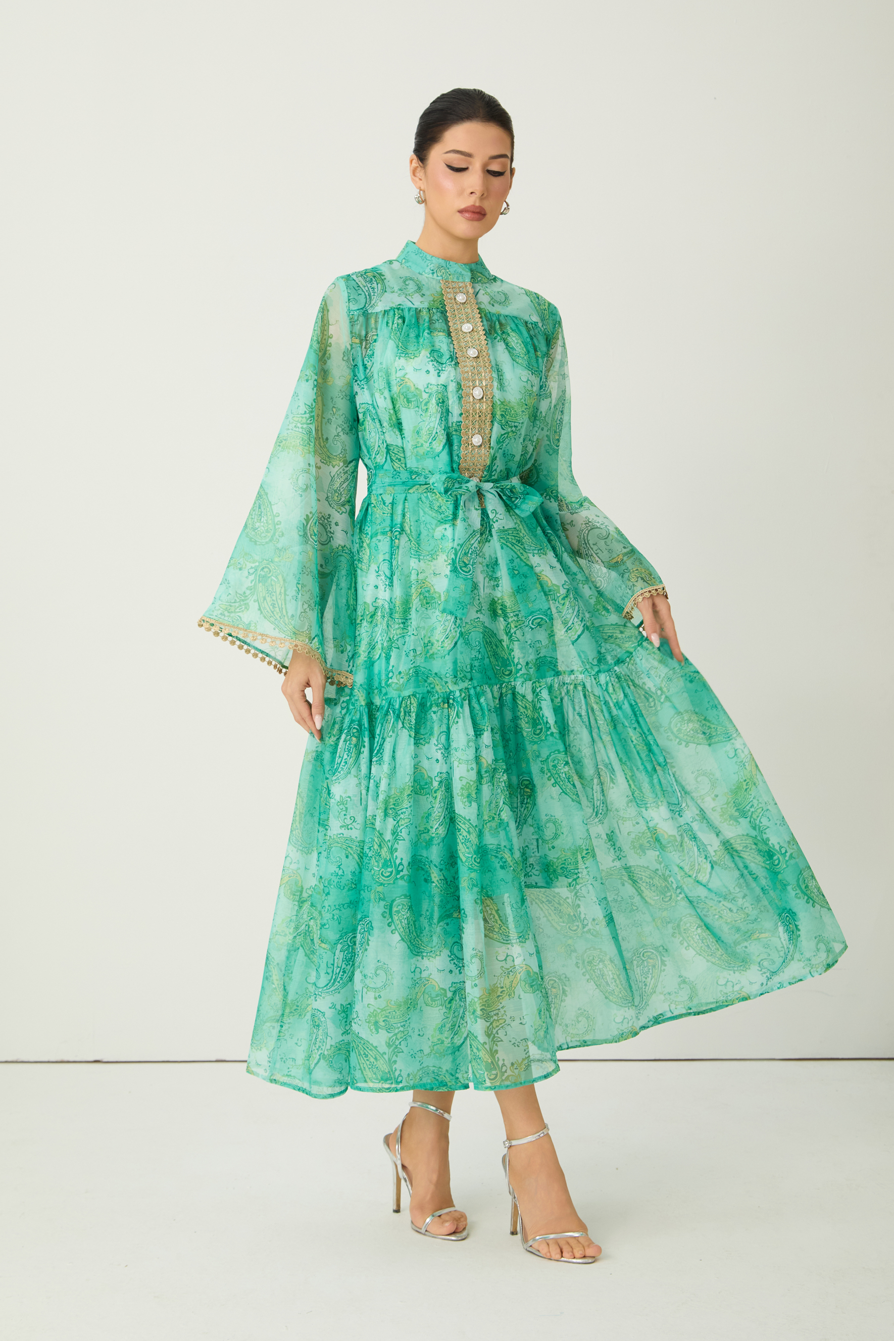 Wait For Me Green Paisley Print Long Sleeve Maxi Dress
