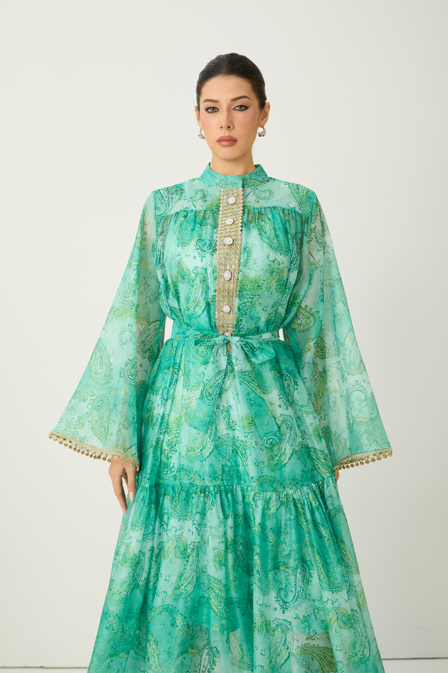Wait For Me Green Paisley Print Long Sleeve Maxi Dress