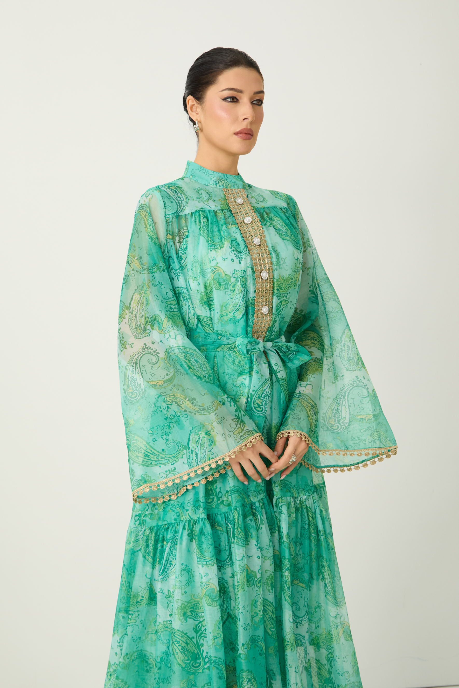 Wait For Me Green Paisley Print Long Sleeve Maxi Dress