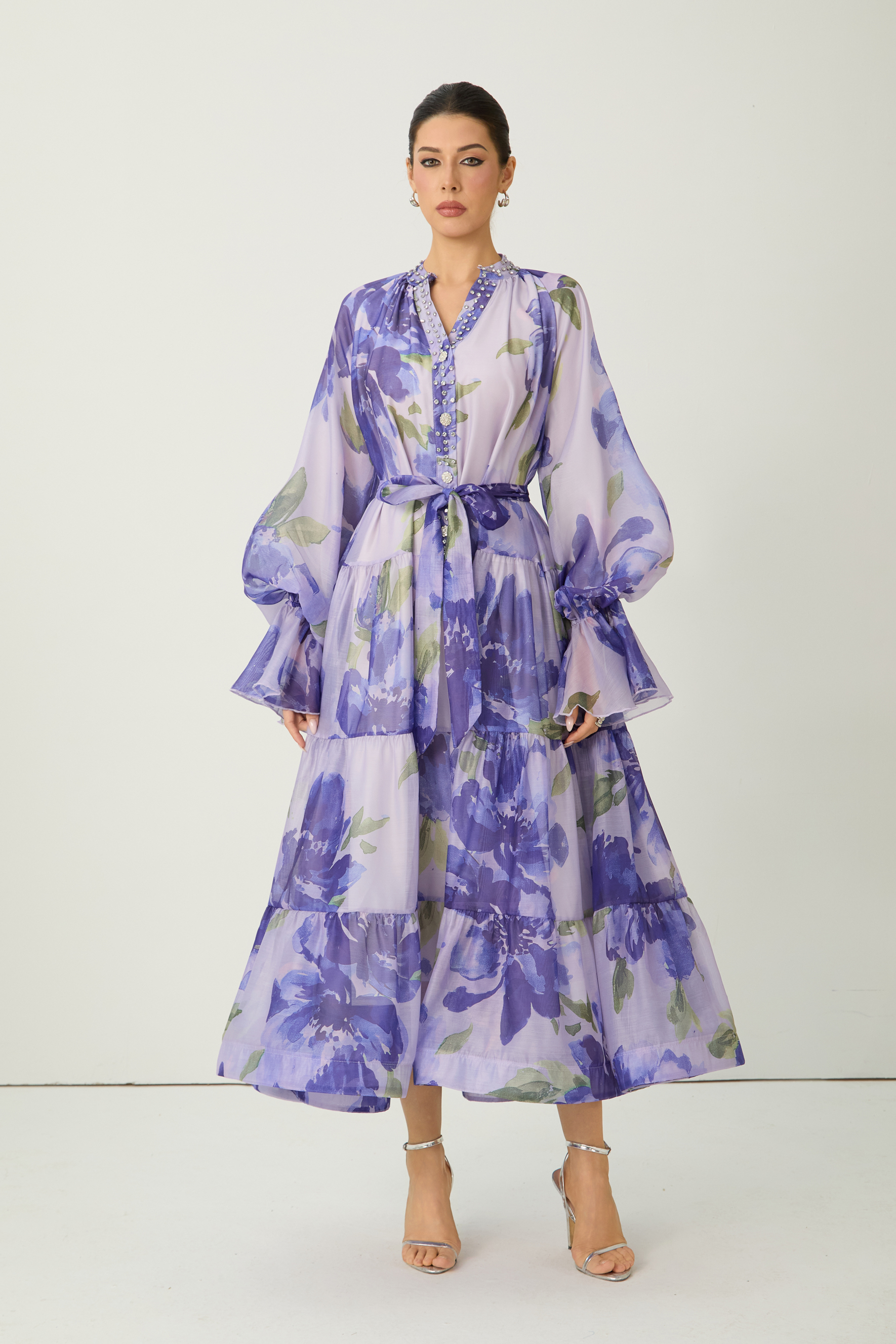 Dreaming Of Elegance Purple Floral Print Tiered Maxi Dress