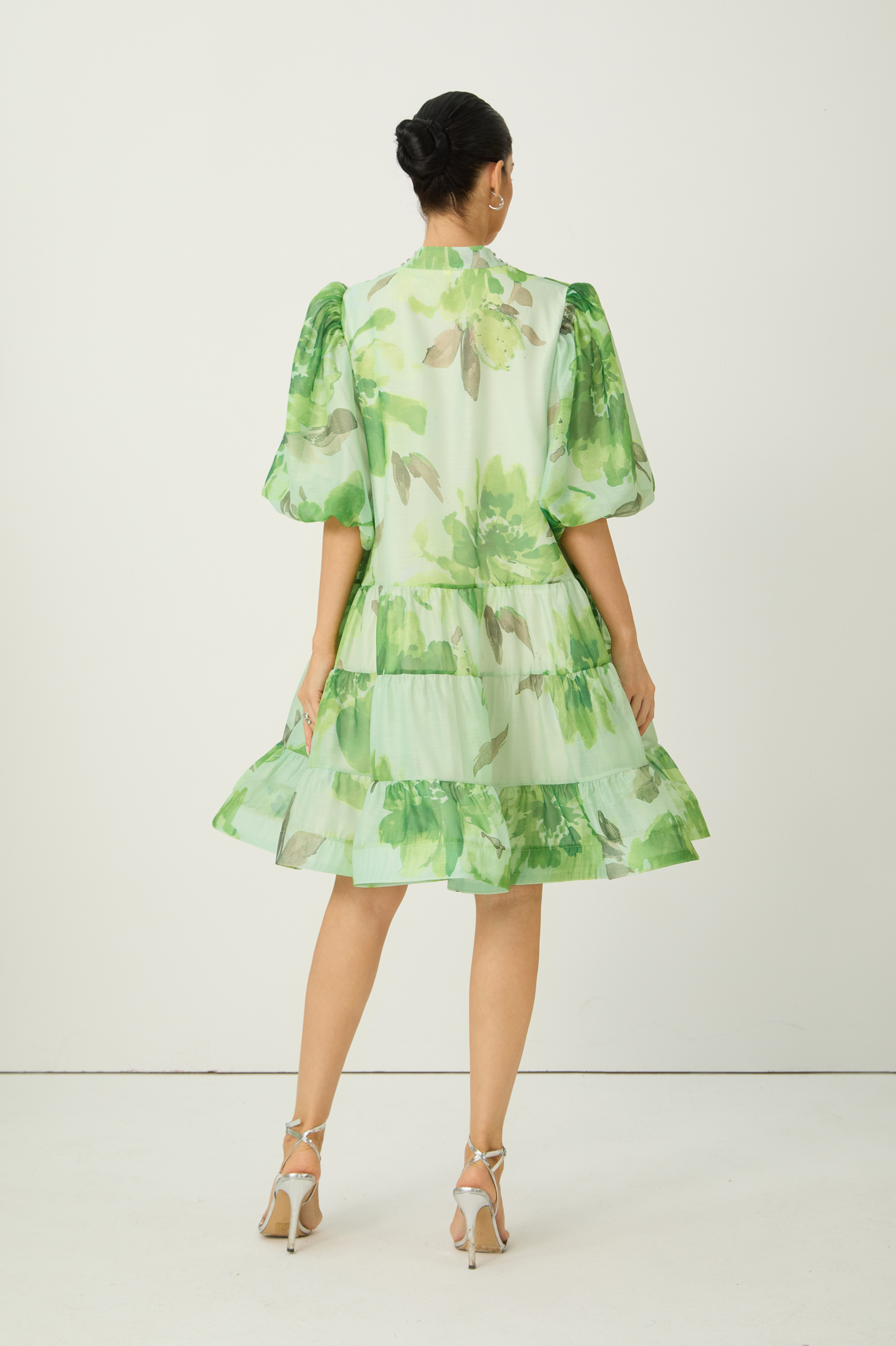Vibrant Poise Green Floral Print Puff Sleeve Mini Dress
