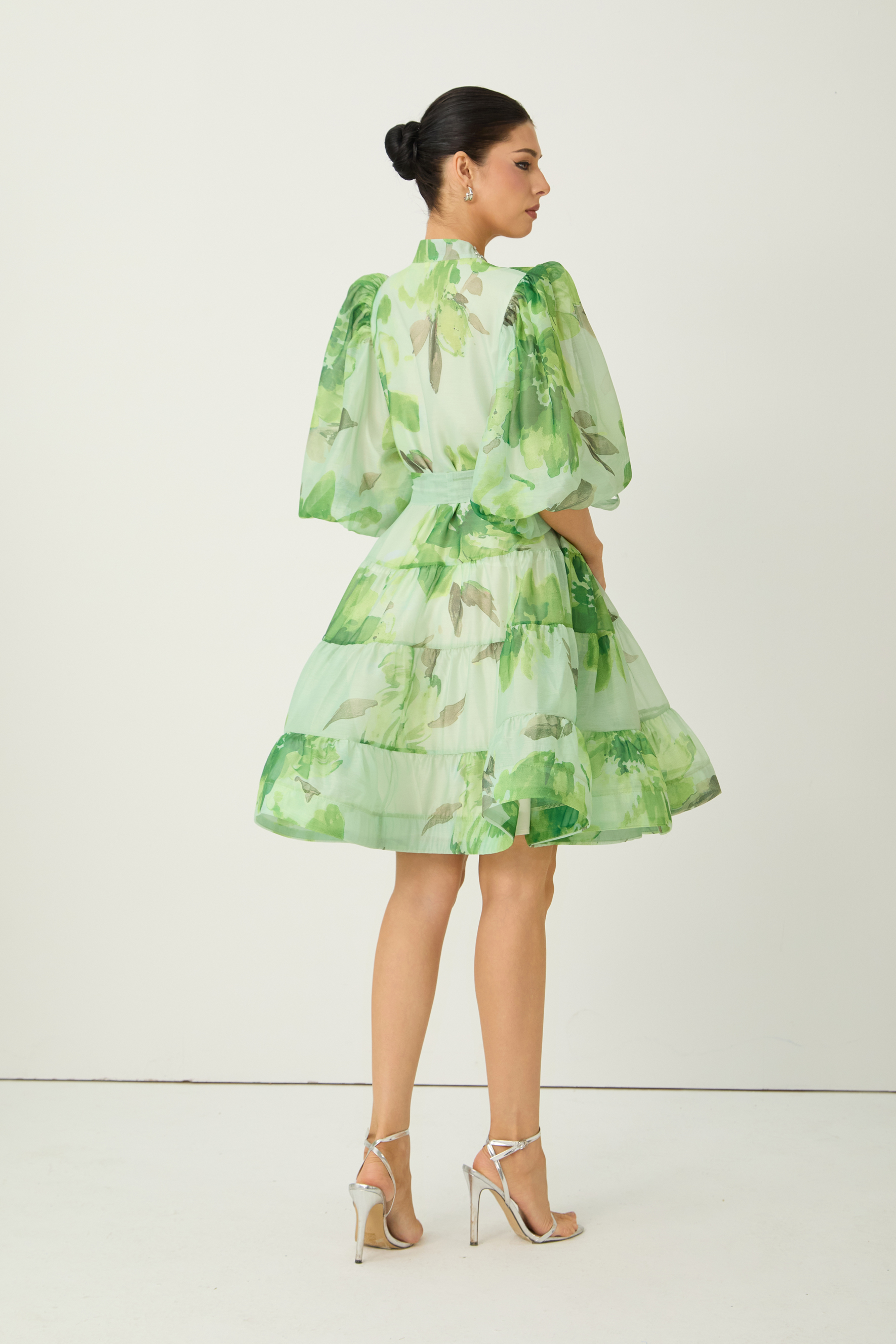 Vibrant Poise Green Floral Print Puff Sleeve Mini Dress