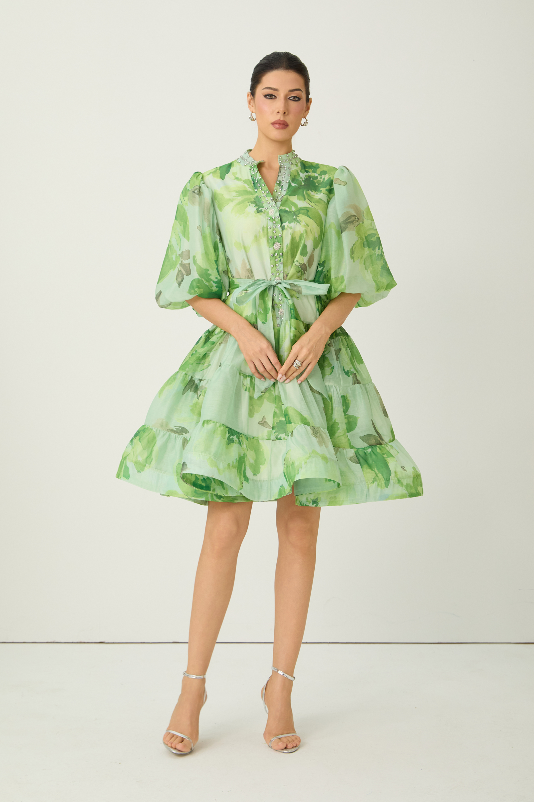Vibrant Poise Green Floral Print Puff Sleeve Mini Dress