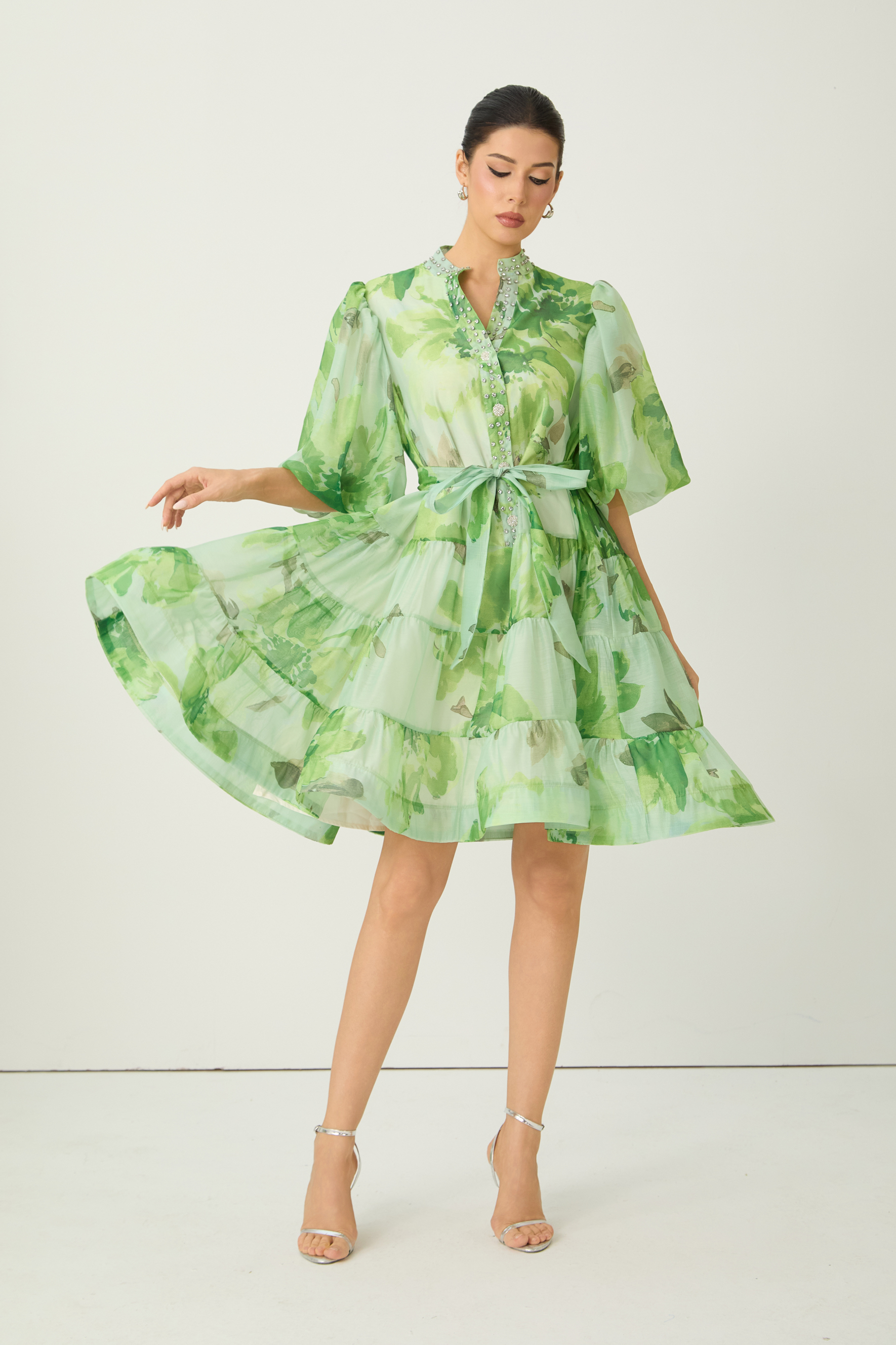 Vibrant Poise Green Floral Print Puff Sleeve Mini Dress