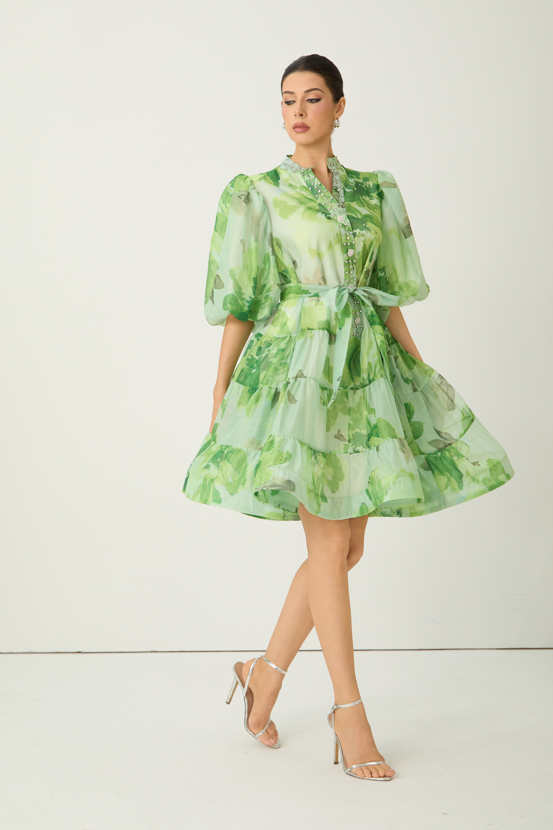 Vibrant Poise Green Floral Print Puff Sleeve Mini Dress