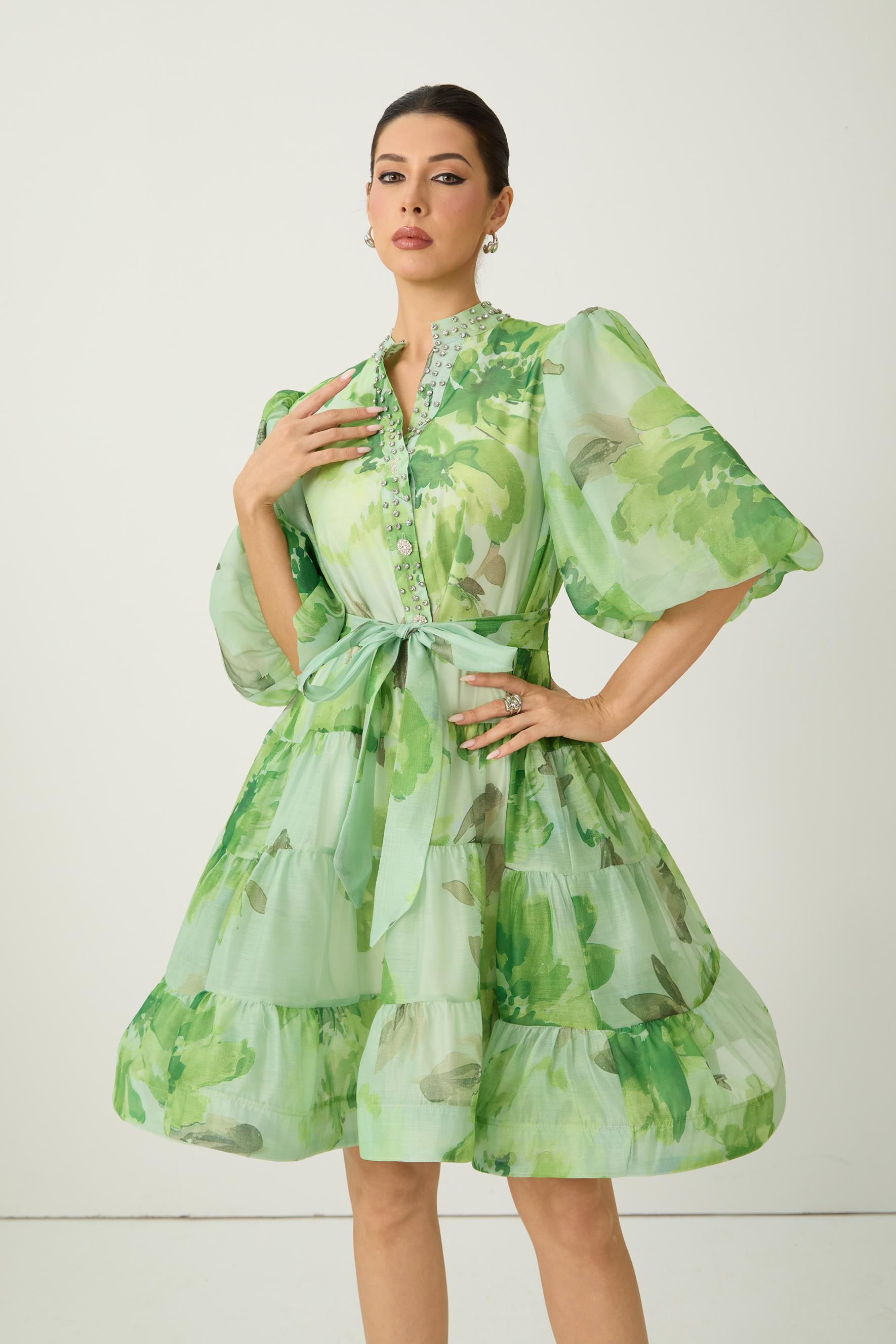 Vibrant Poise Green Floral Print Puff Sleeve Mini Dress