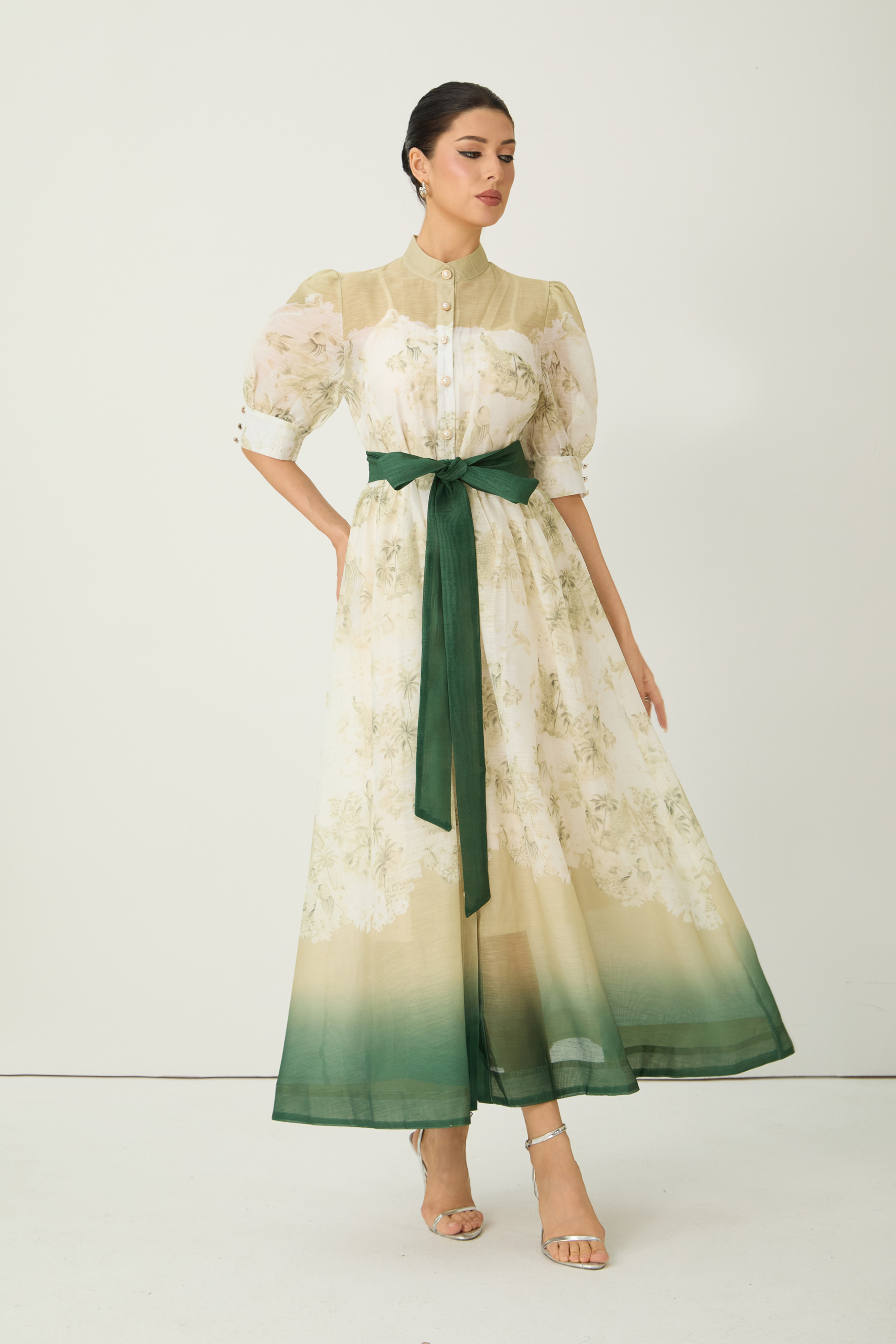 Picturesque Moments Green Floral Print Belted Maxi Dress