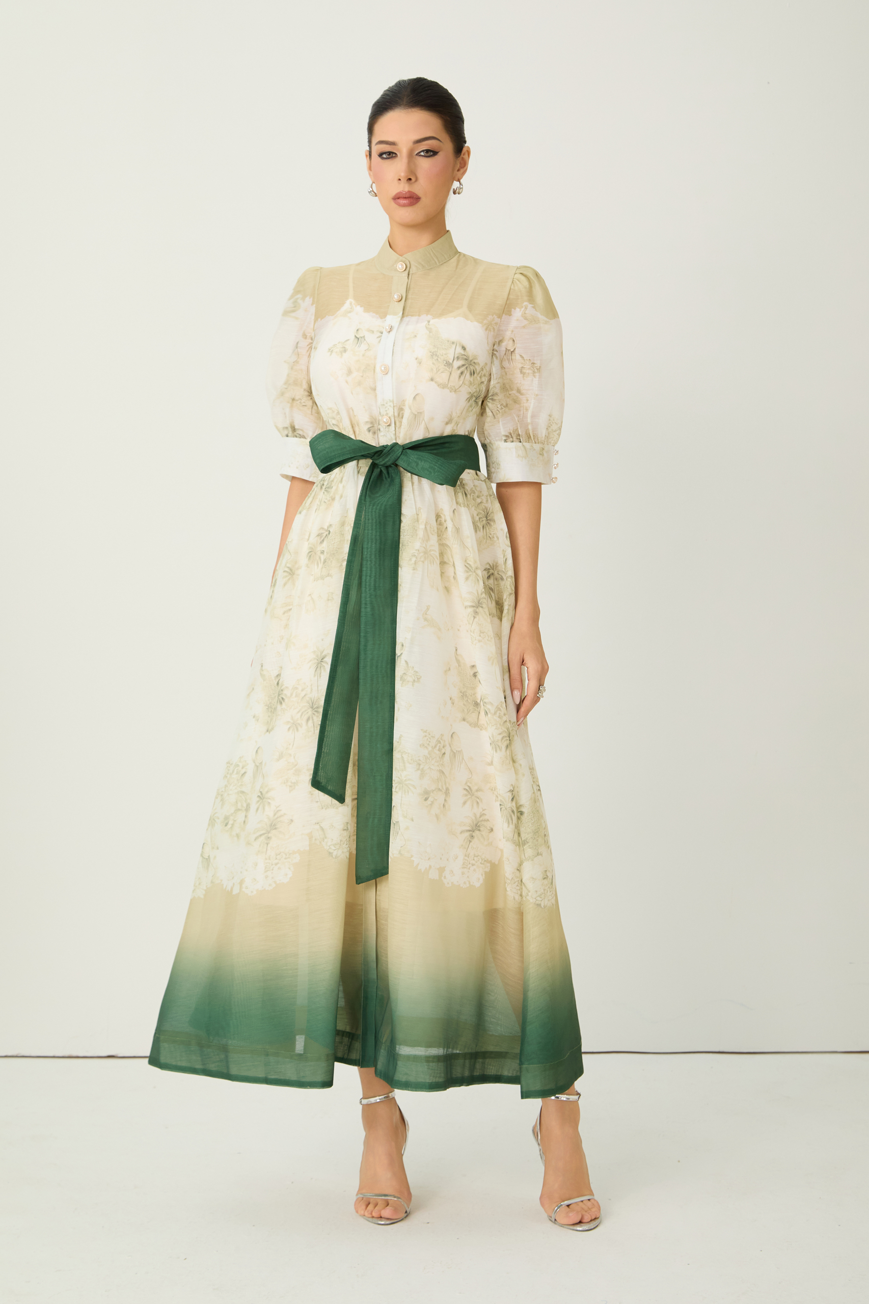 Picturesque Moments Green Floral Print Belted Maxi Dress