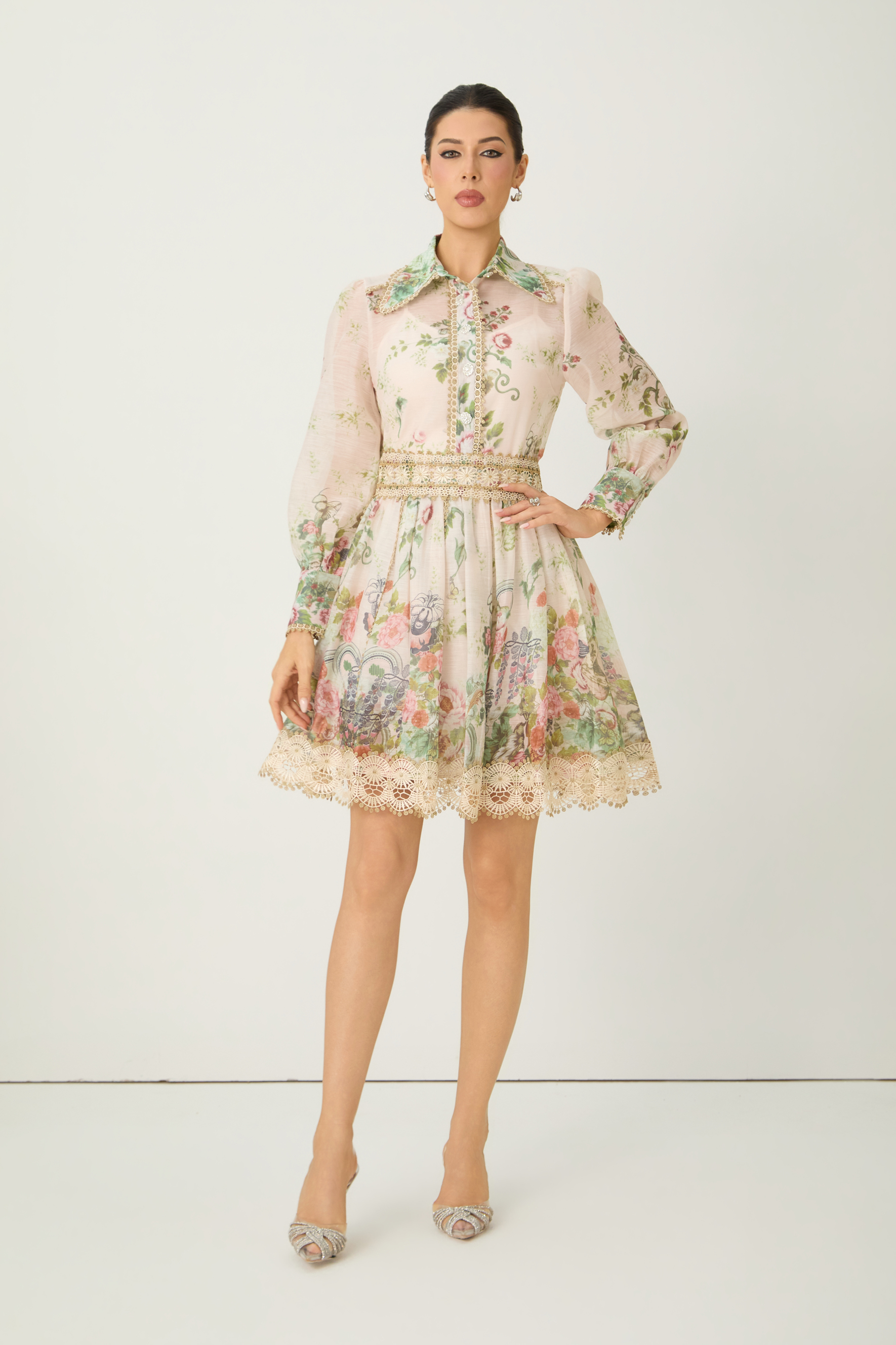 Lovable Spirit Multi Floral Print Shirt & Lace Trim Mini Skirt Set