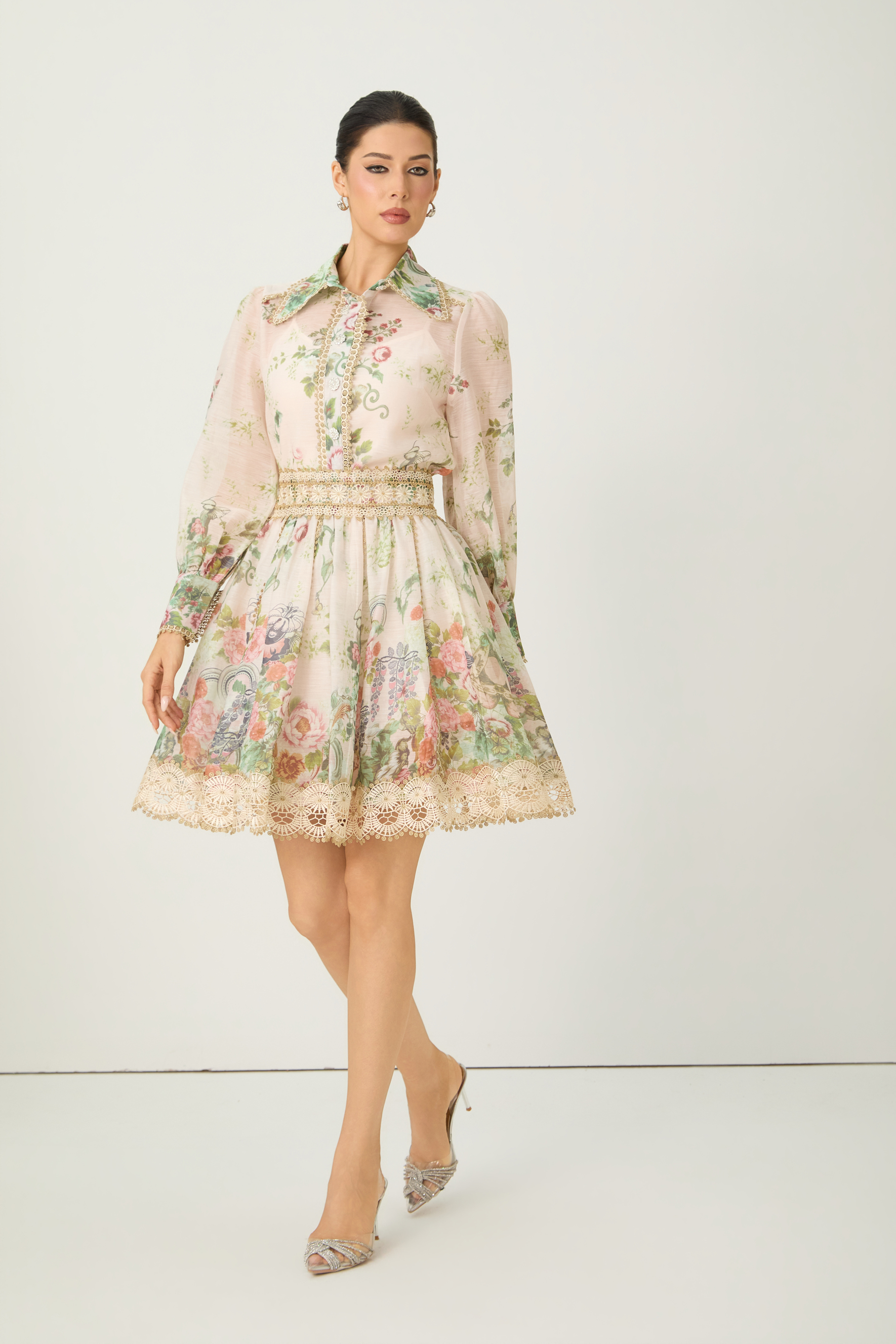 Lovable Spirit Multi Floral Print Shirt & Lace Trim Mini Skirt Set