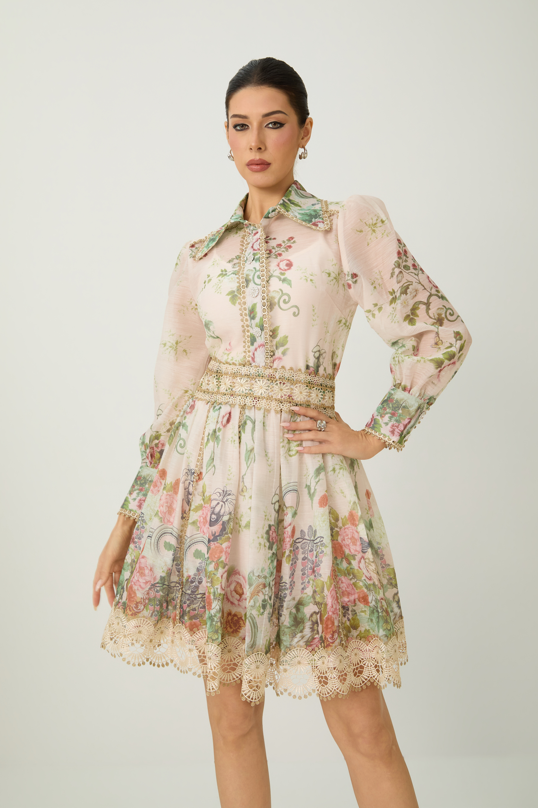 Lovable Spirit Multi Floral Print Shirt & Lace Trim Mini Skirt Set