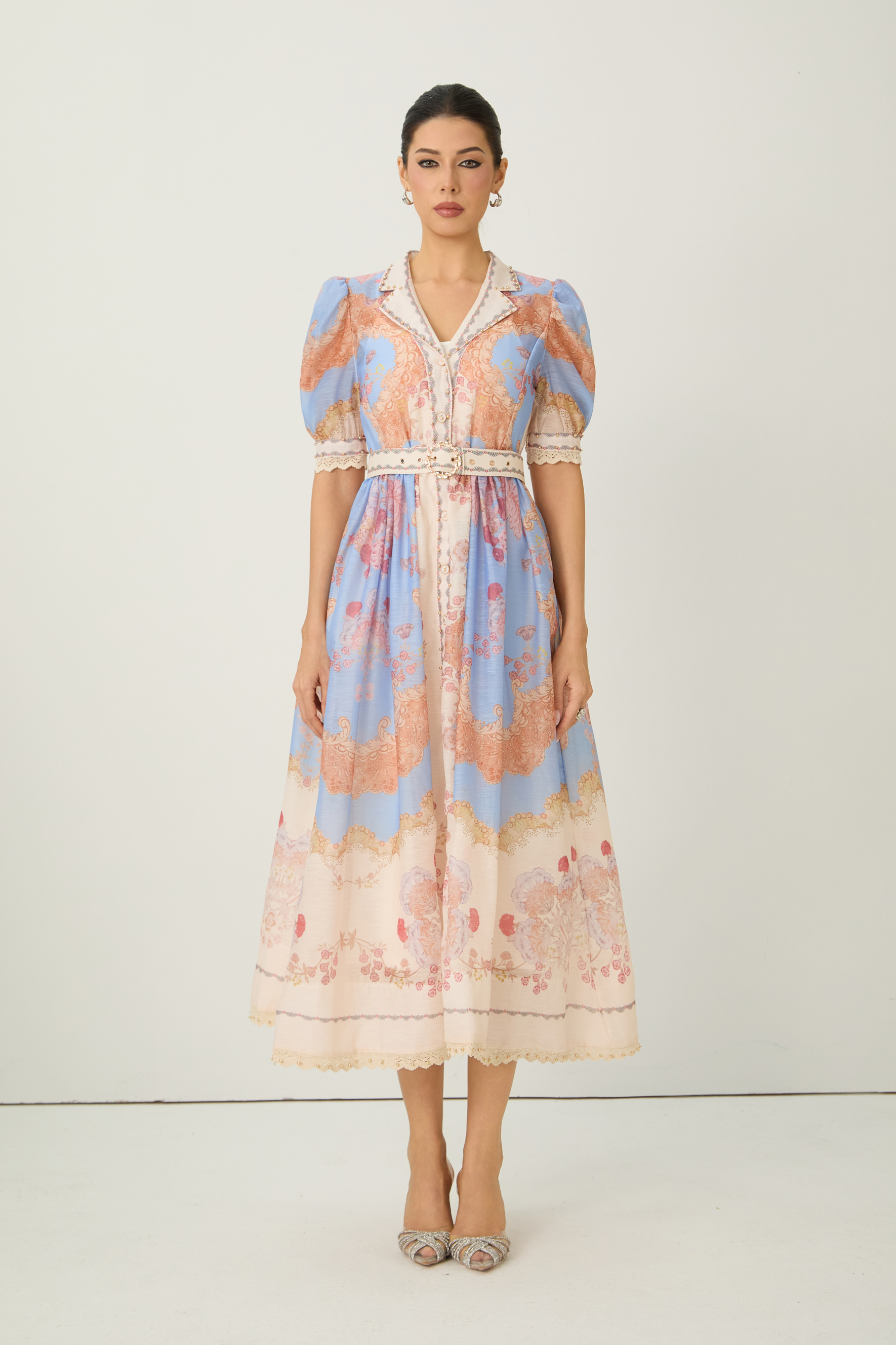 Nocturnal Muse Blue Paisley Print Puff Sleeve Midi Dress