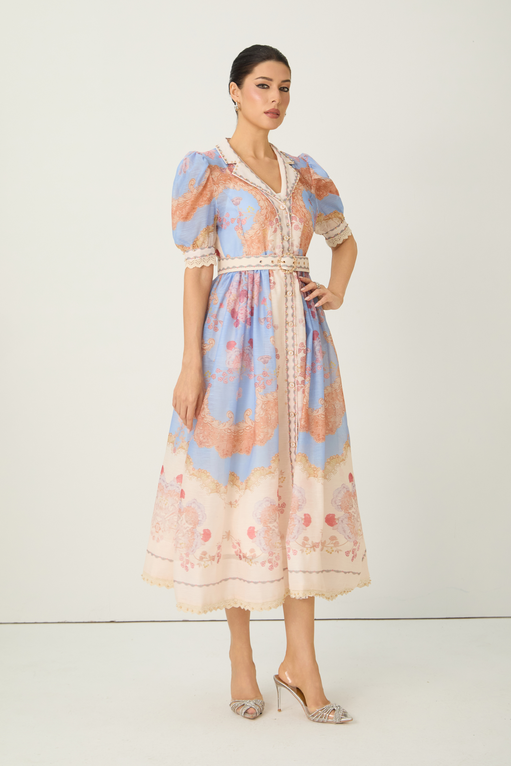 Nocturnal Muse Blue Paisley Print Puff Sleeve Midi Dress