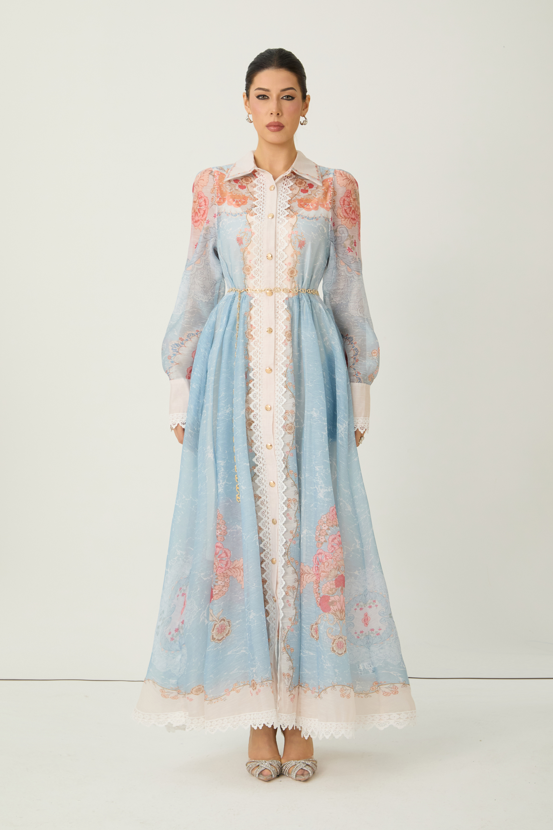 Always Enchanting Blue Floral Print Lace Trim Midi Dress