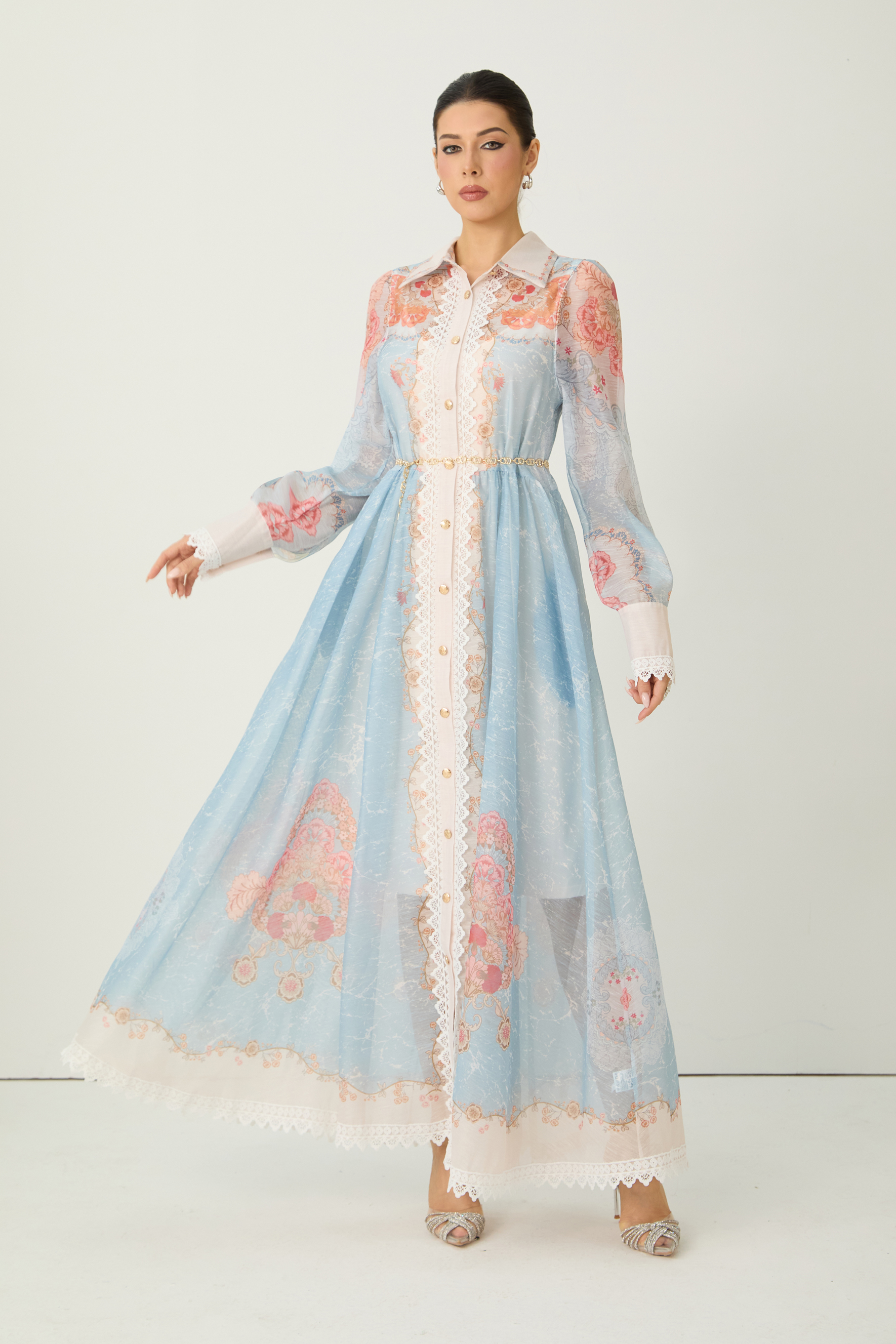 Always Enchanting Blue Floral Print Lace Trim Midi Dress