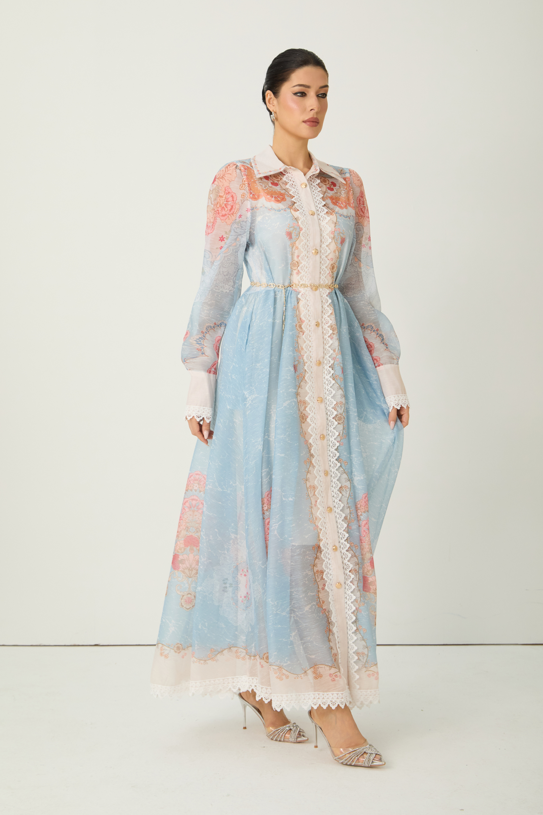 Always Enchanting Blue Floral Print Lace Trim Midi Dress