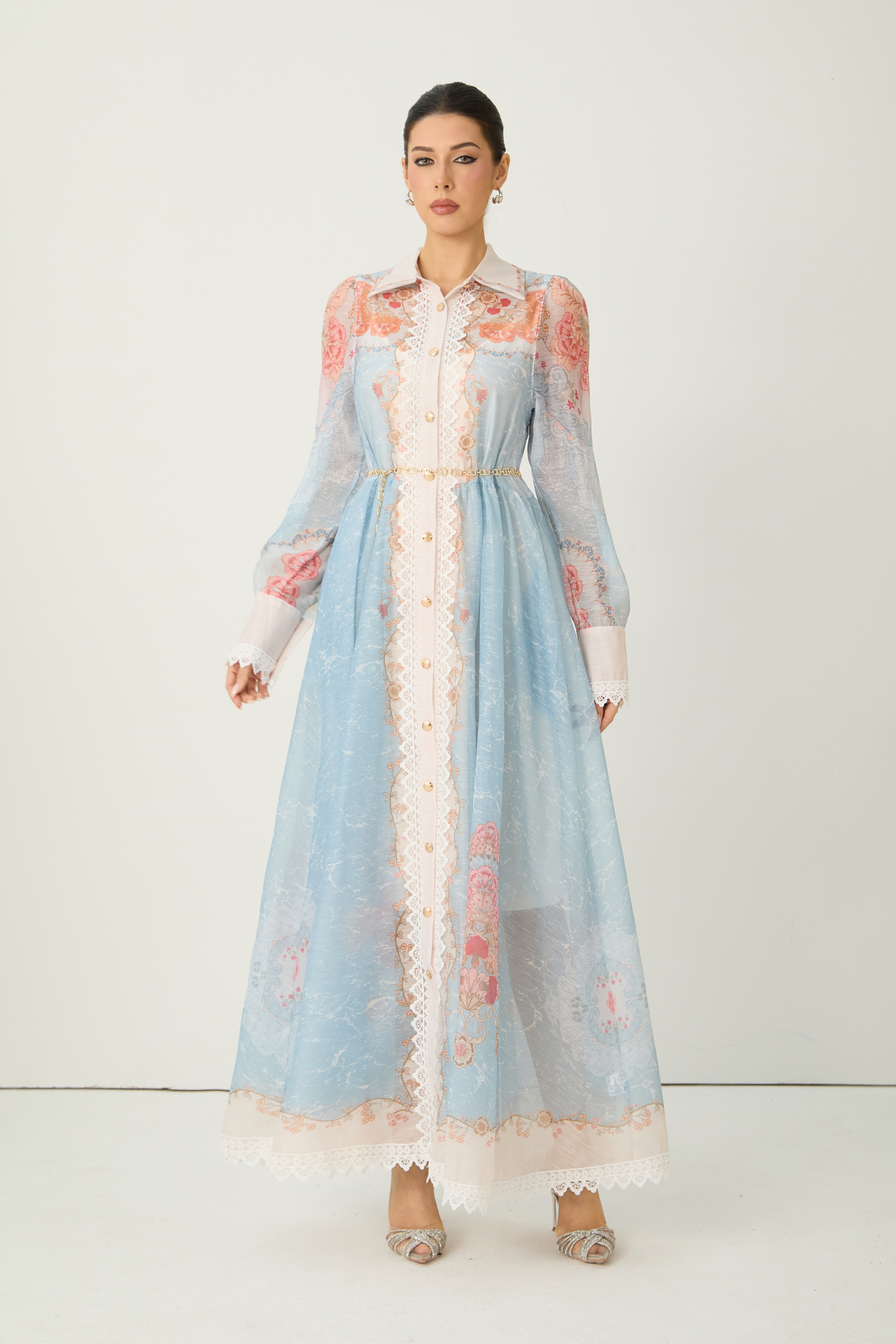 Always Enchanting Blue Floral Print Lace Trim Midi Dress