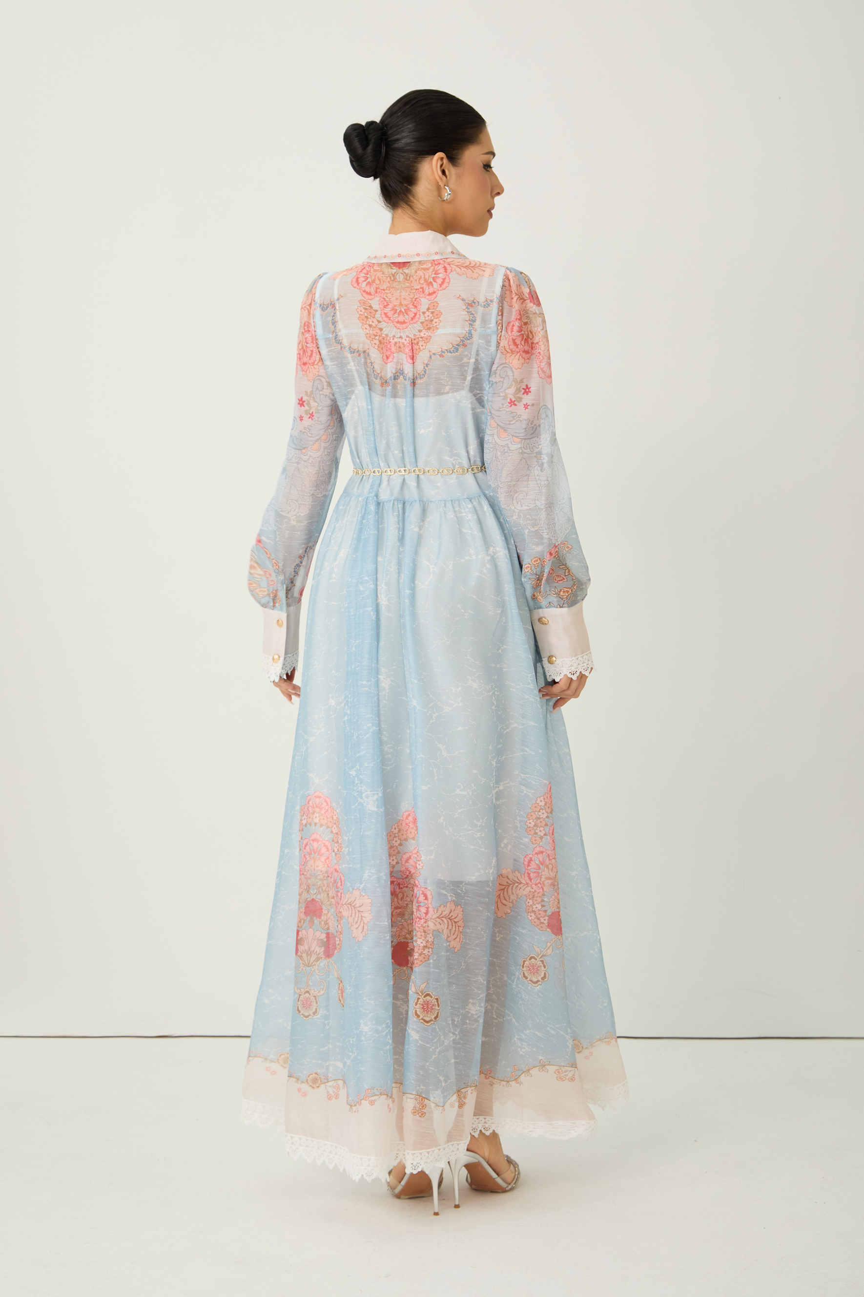 Always Enchanting Blue Floral Print Lace Trim Midi Dress