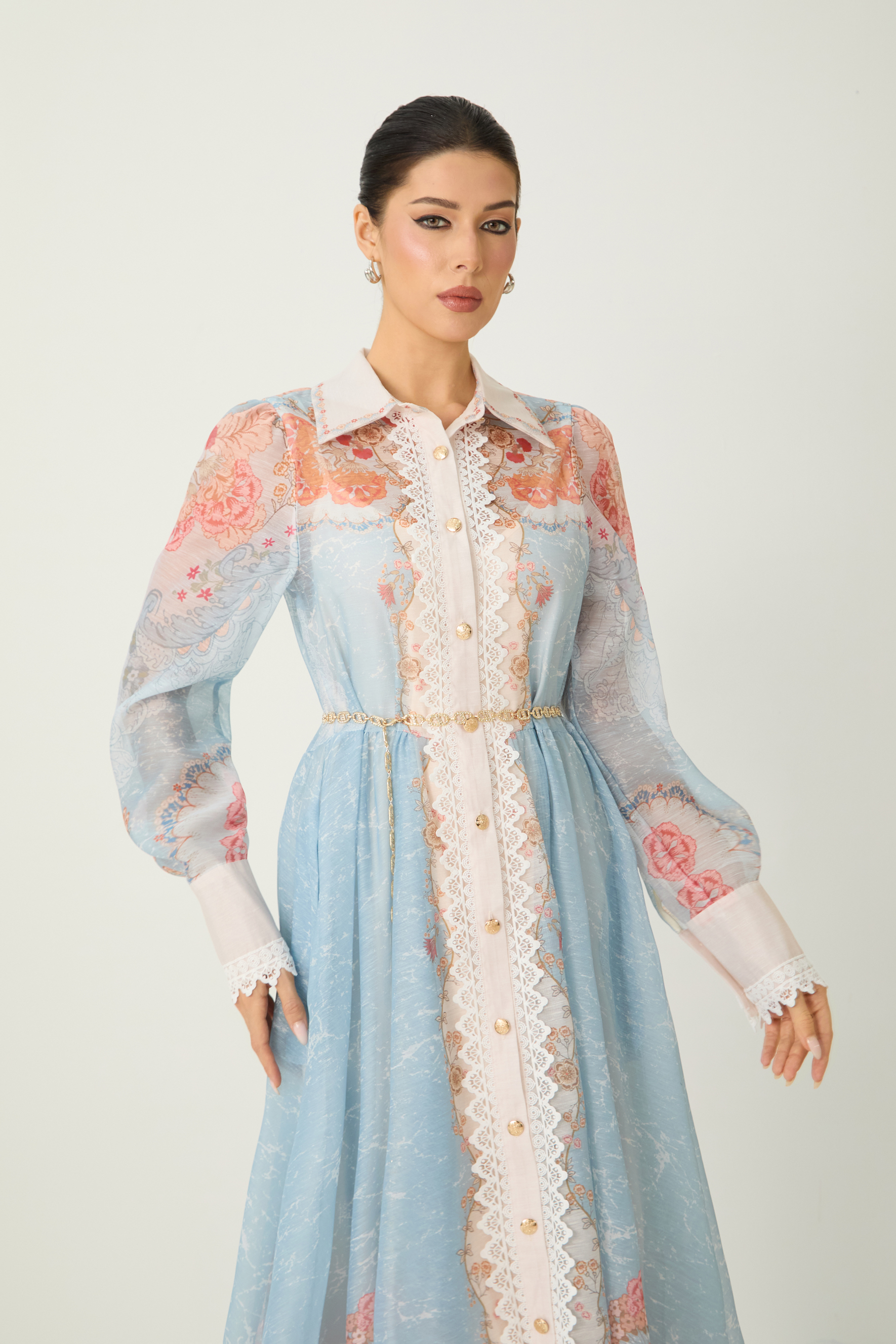 Always Enchanting Blue Floral Print Lace Trim Midi Dress