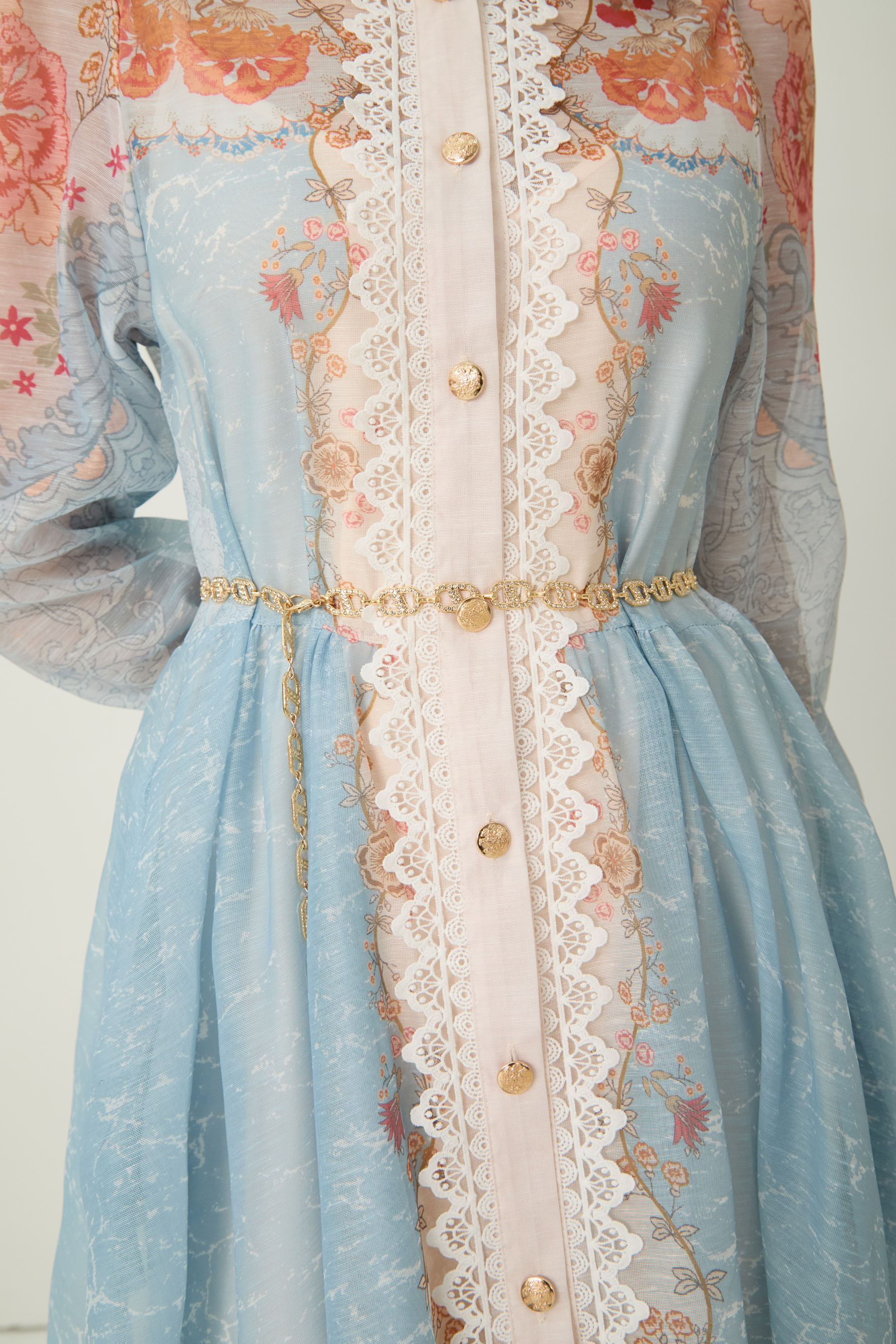 Always Enchanting Blue Floral Print Lace Trim Midi Dress