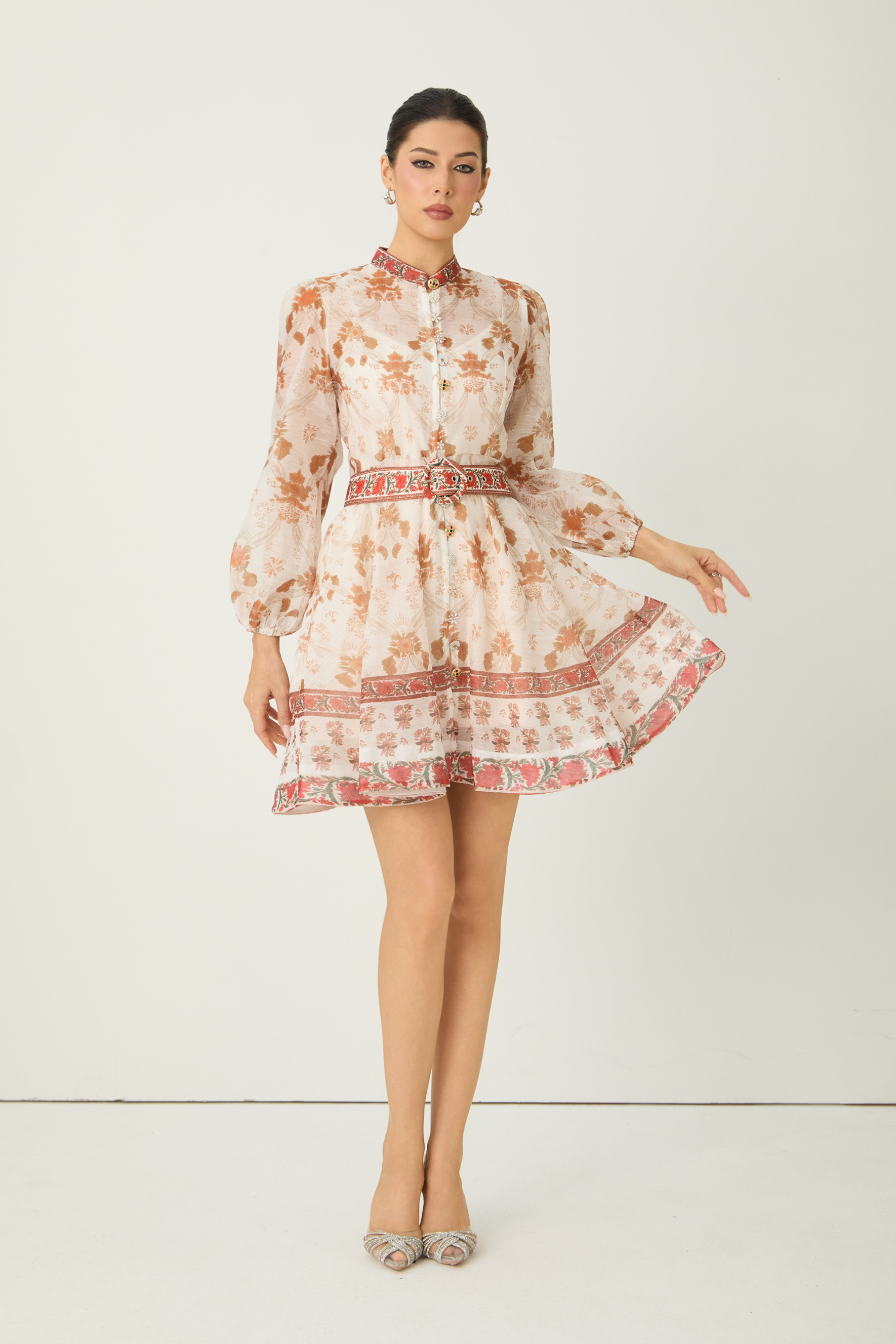 Confident Sensation Beige Balloon Sleeve Floral Print Mini Dress