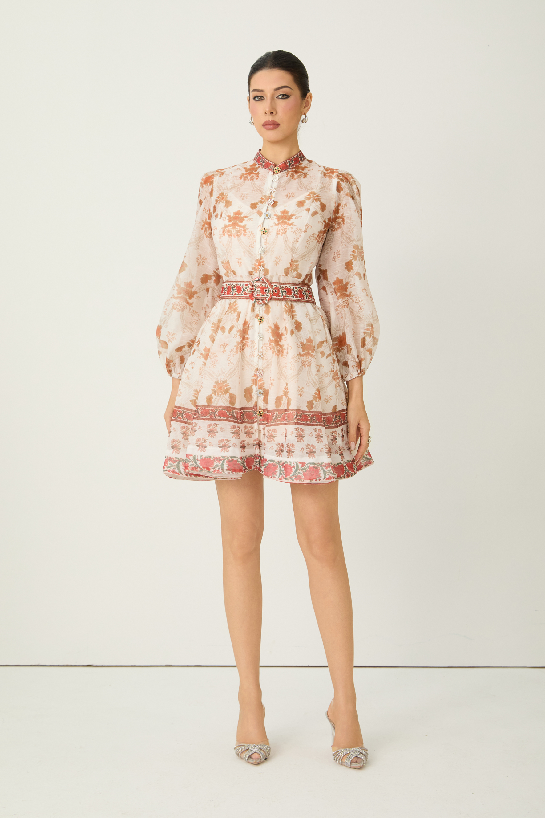 Confident Sensation Beige Balloon Sleeve Floral Print Mini Dress