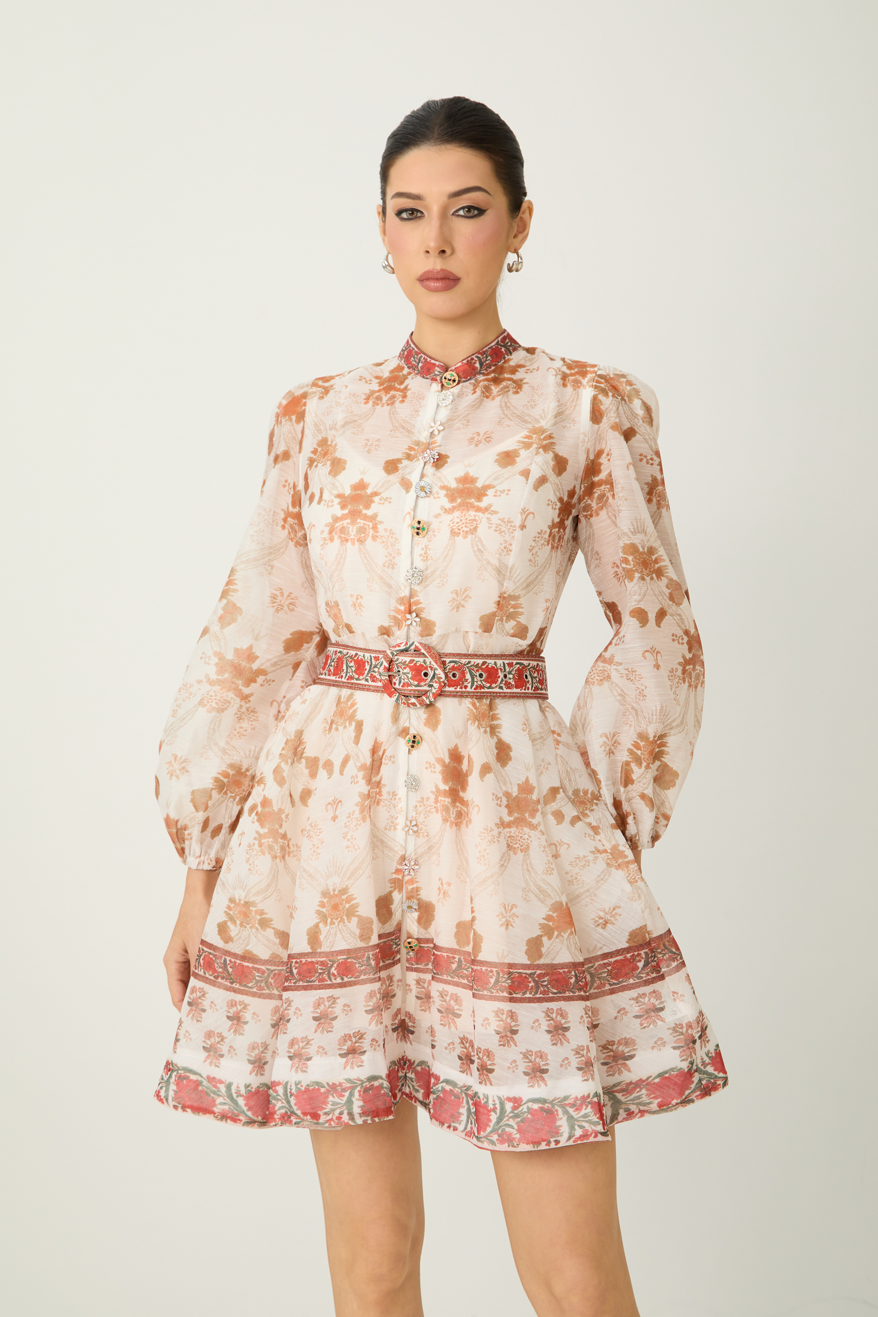 Confident Sensation Beige Balloon Sleeve Floral Print Mini Dress