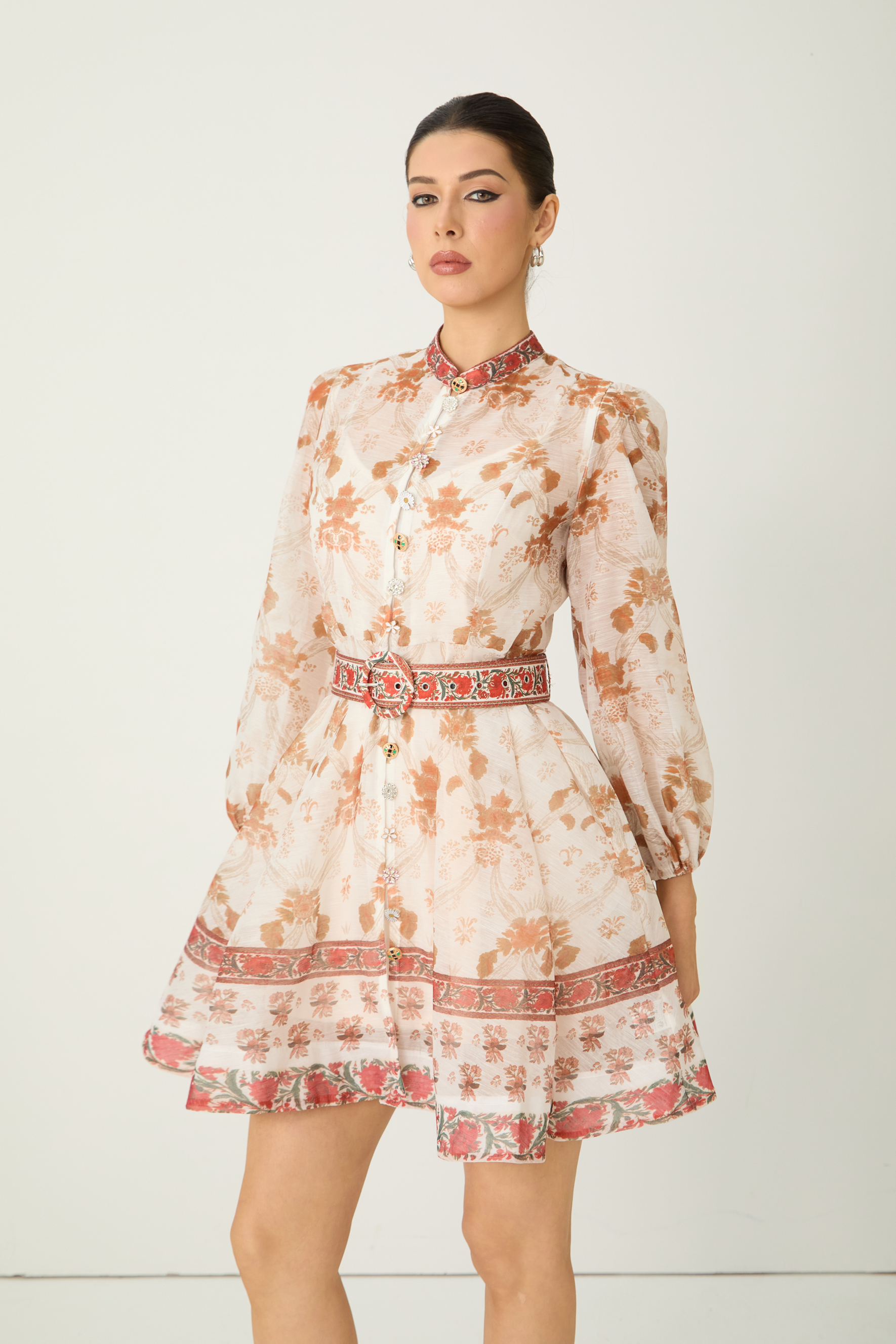 Confident Sensation Beige Balloon Sleeve Floral Print Mini Dress