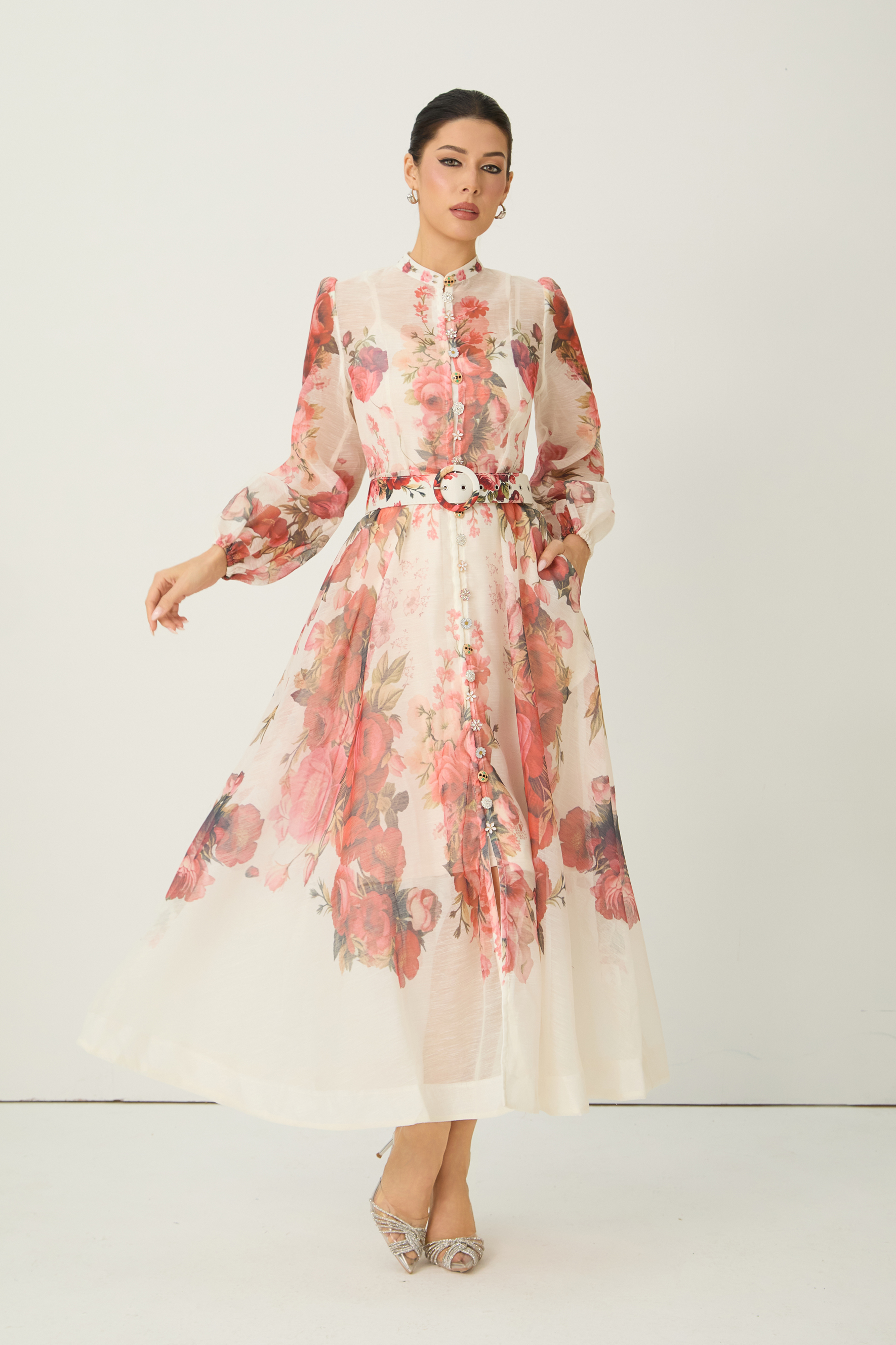 Lady Exclusive Pink Floral Print Semi-sheer Maxi Dress