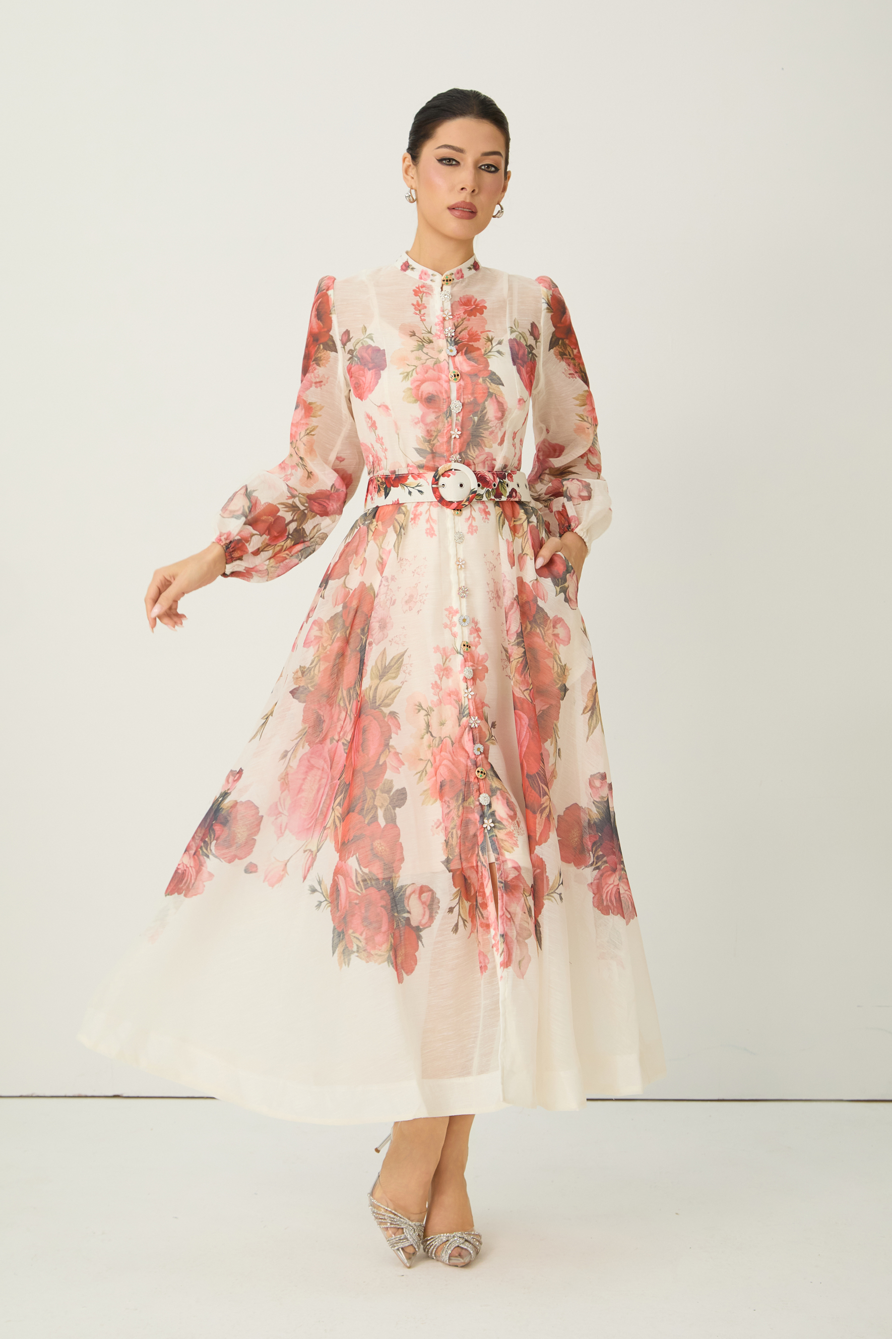 Lady Exclusive Pink Floral Print Semi-sheer Midi Dress