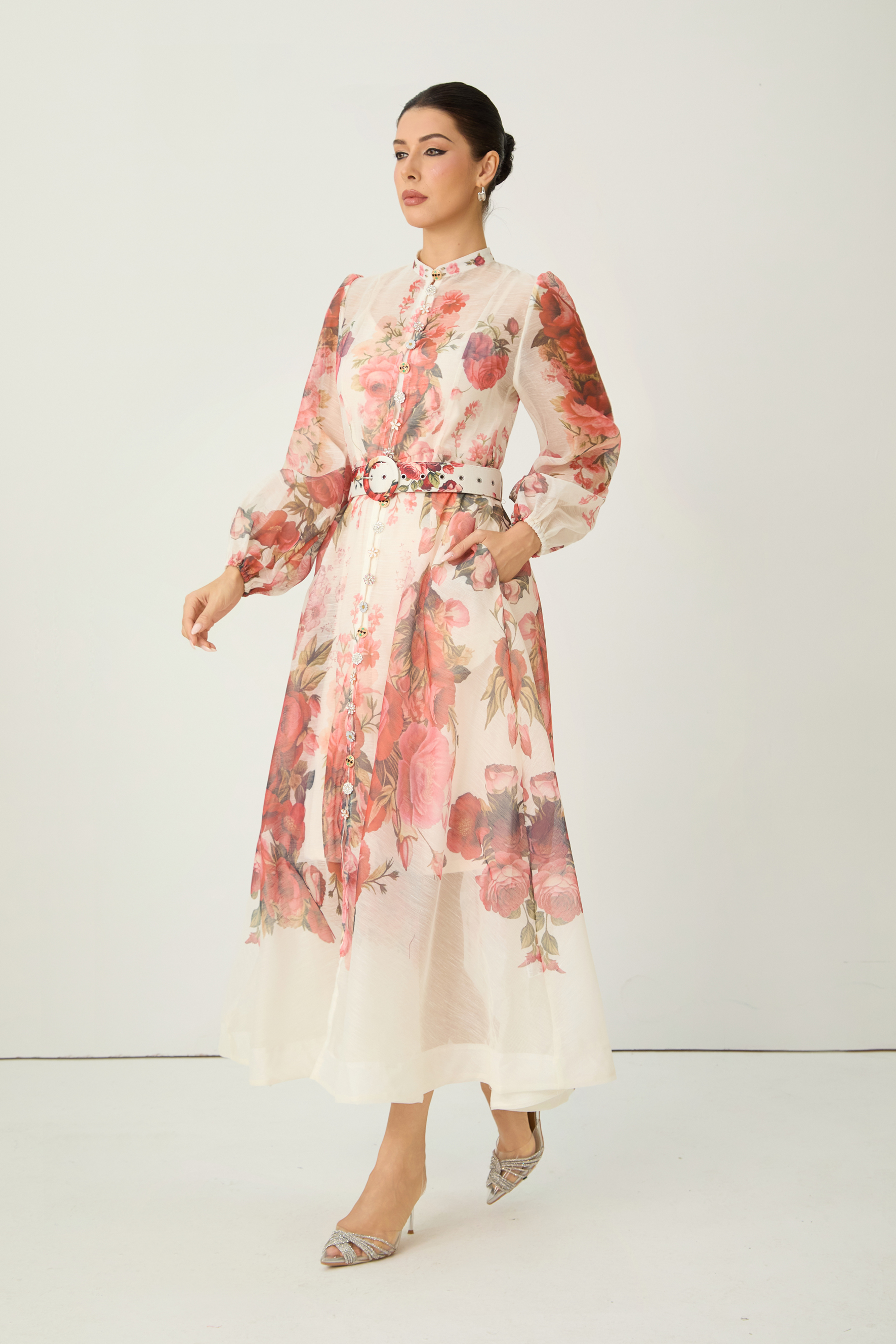 Lady Exclusive Pink Floral Print Semi-sheer Maxi Dress