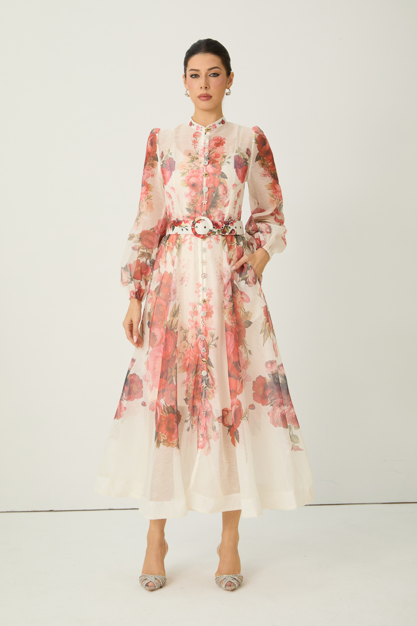 Lady Exclusive Pink Floral Print Semi-sheer Midi Dress