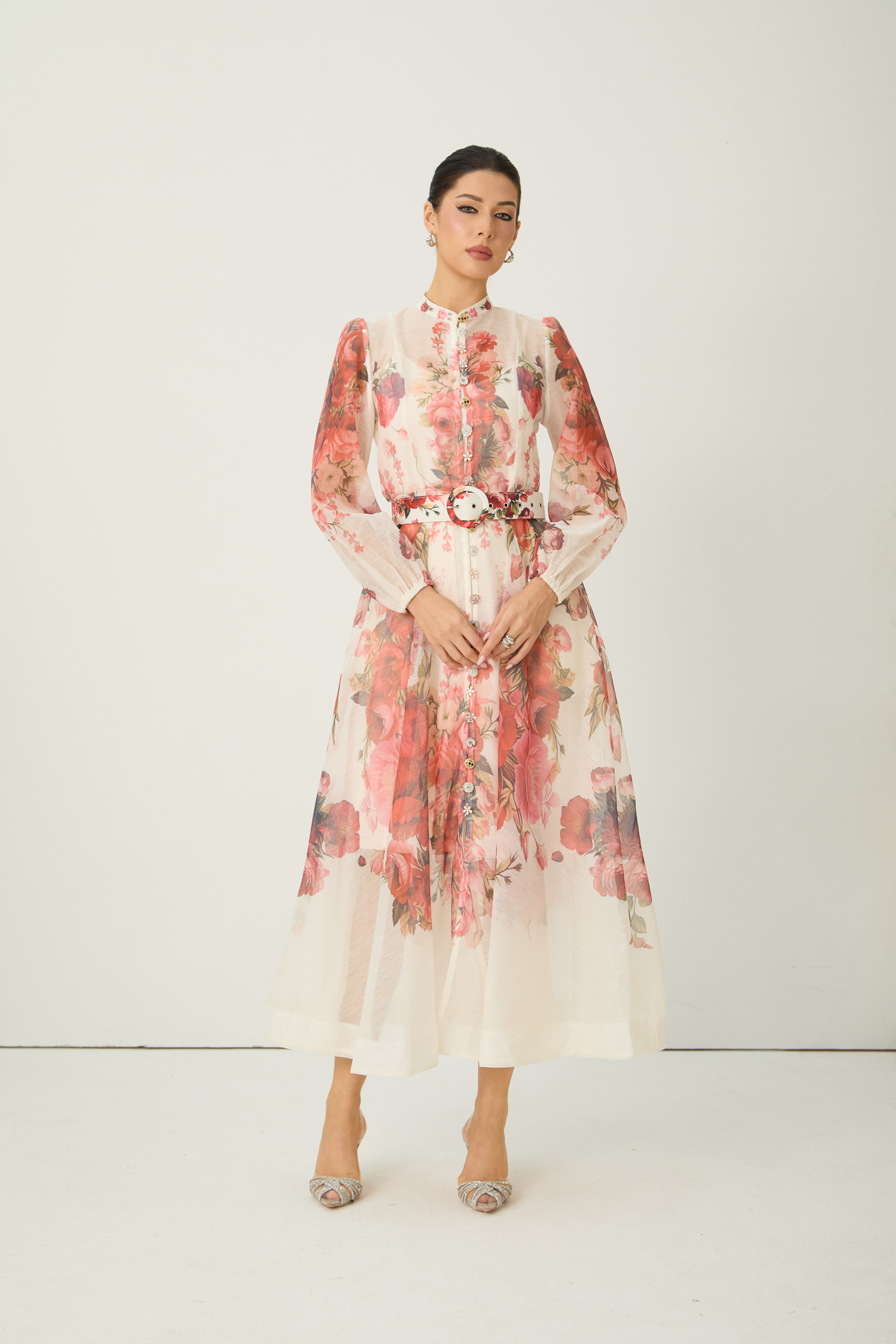 Lady Exclusive Pink Floral Print Semi-sheer Midi Dress
