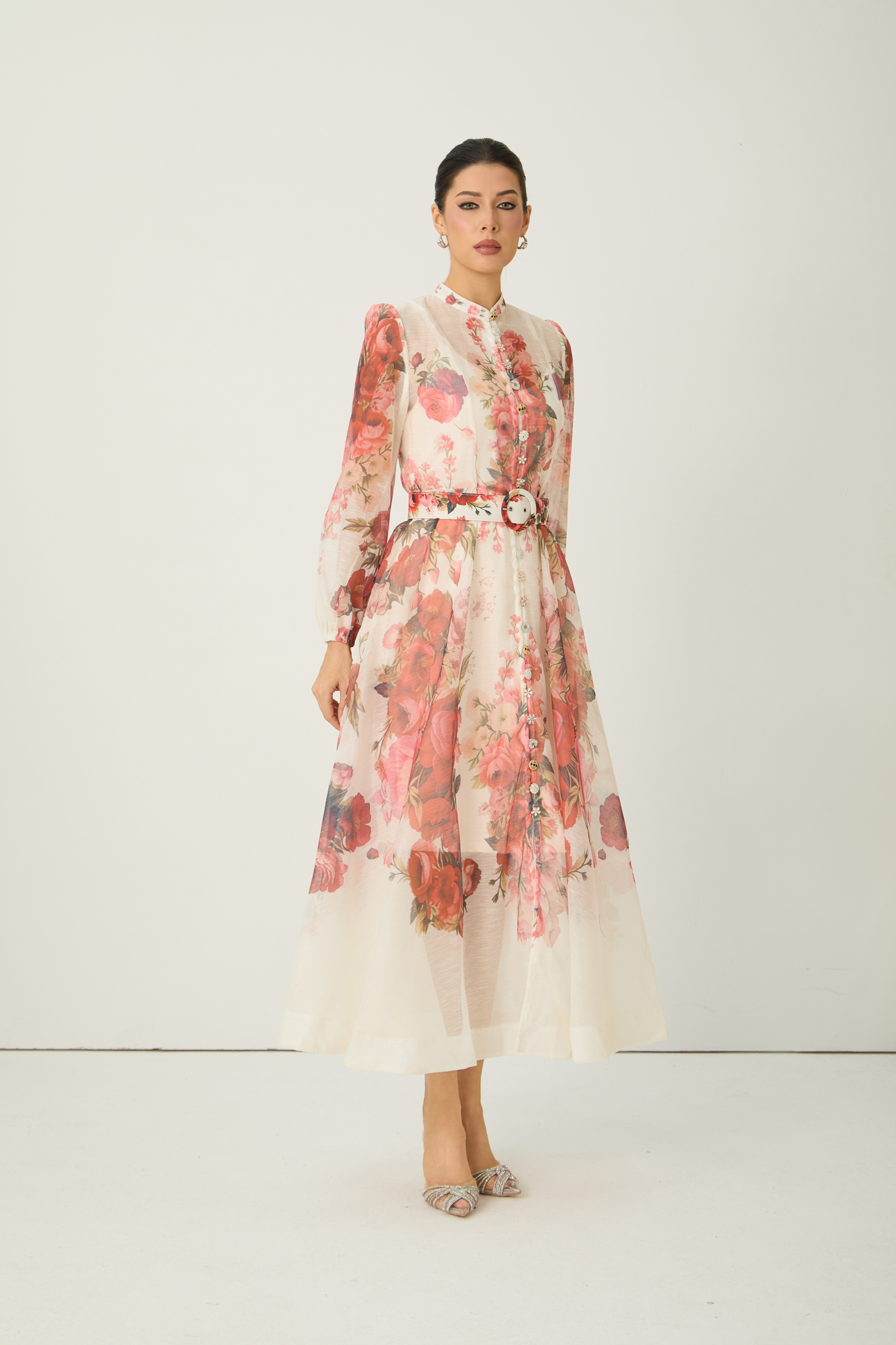 Lady Exclusive Pink Floral Print Semi-sheer Midi Dress