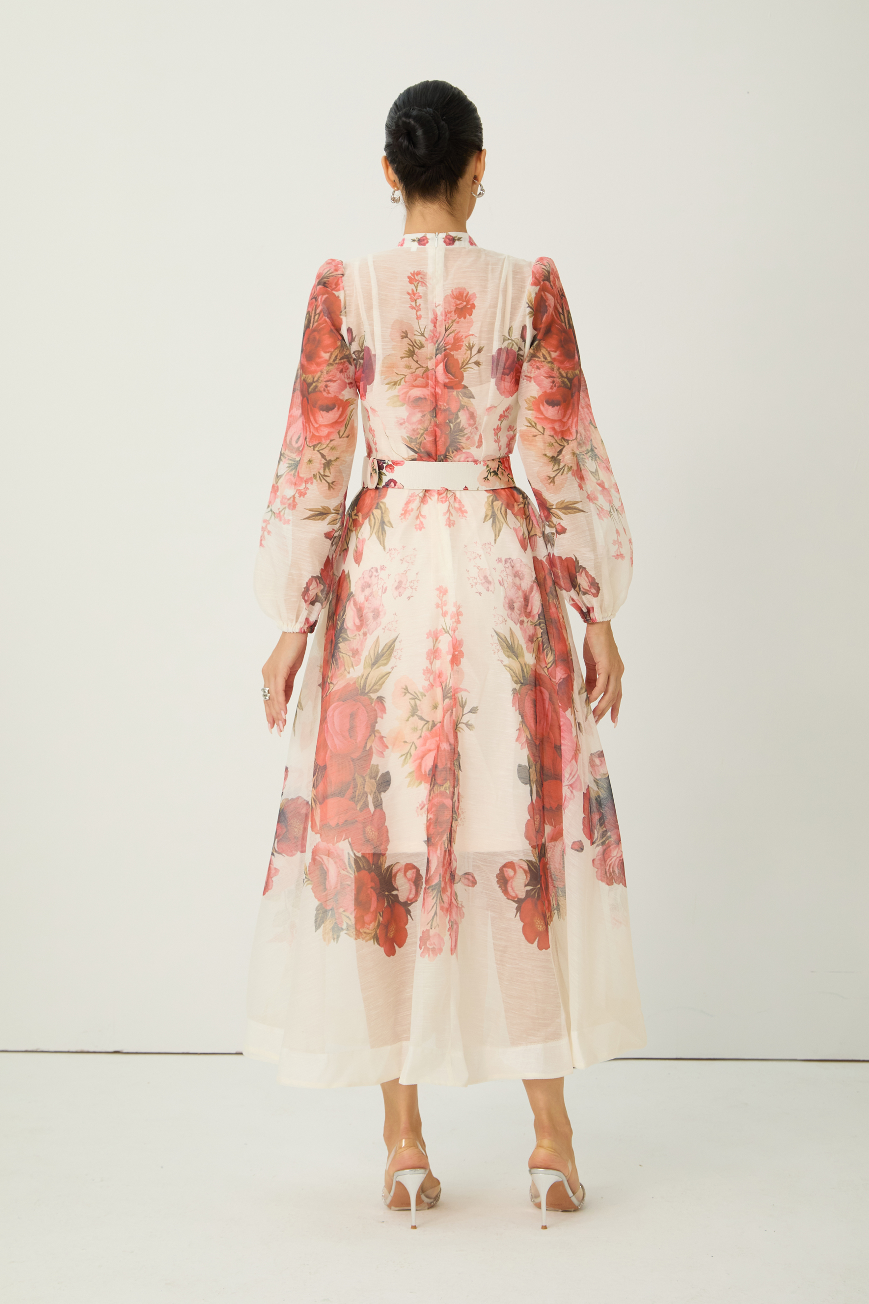 Lady Exclusive Pink Floral Print Semi-sheer Midi Dress