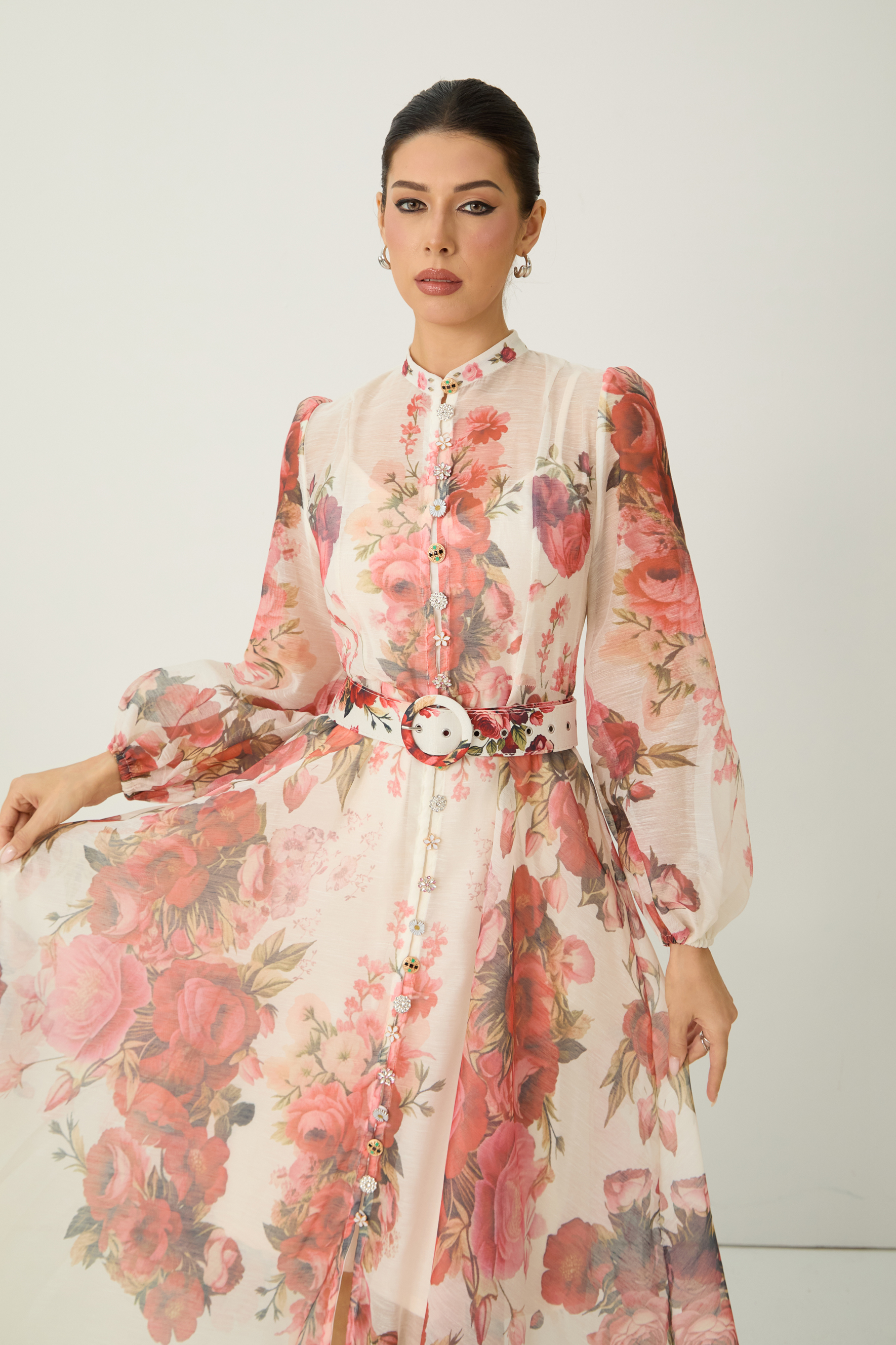 Lady Exclusive Pink Floral Print Semi-sheer Midi Dress