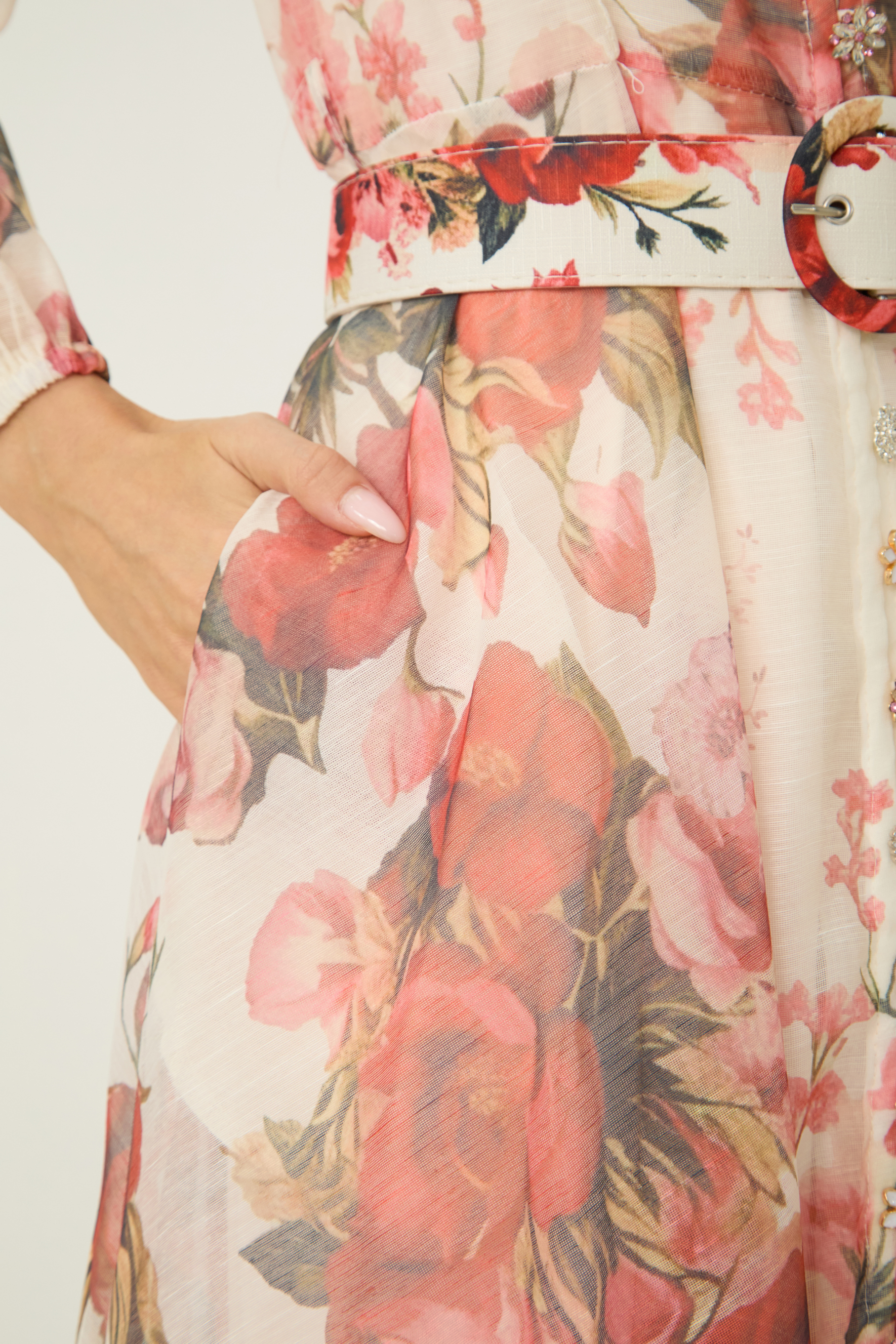 Lady Exclusive Pink Floral Print Semi-sheer Midi Dress