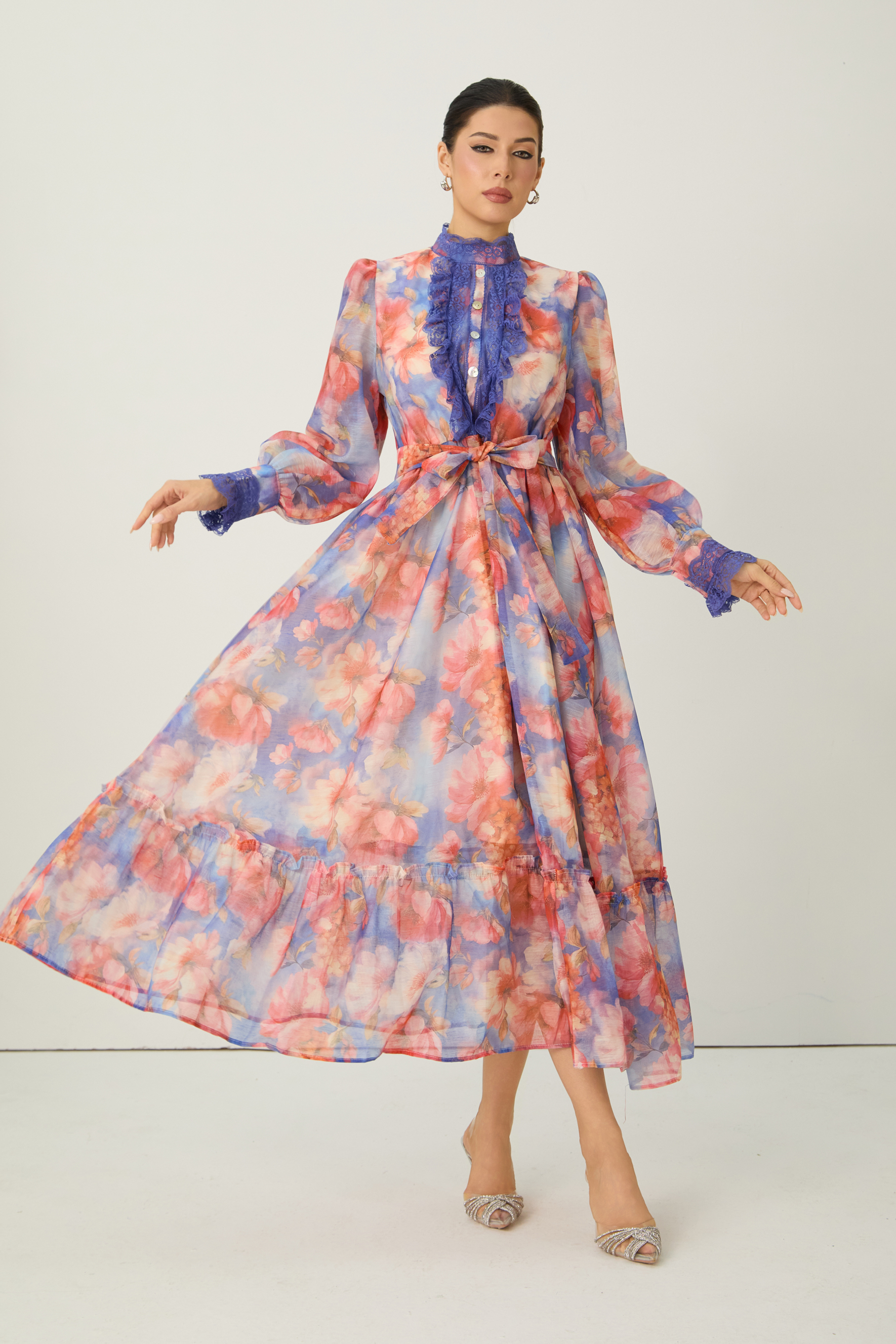 Vivid Allure Multi Floral Print Lace Trim Maxi Dress